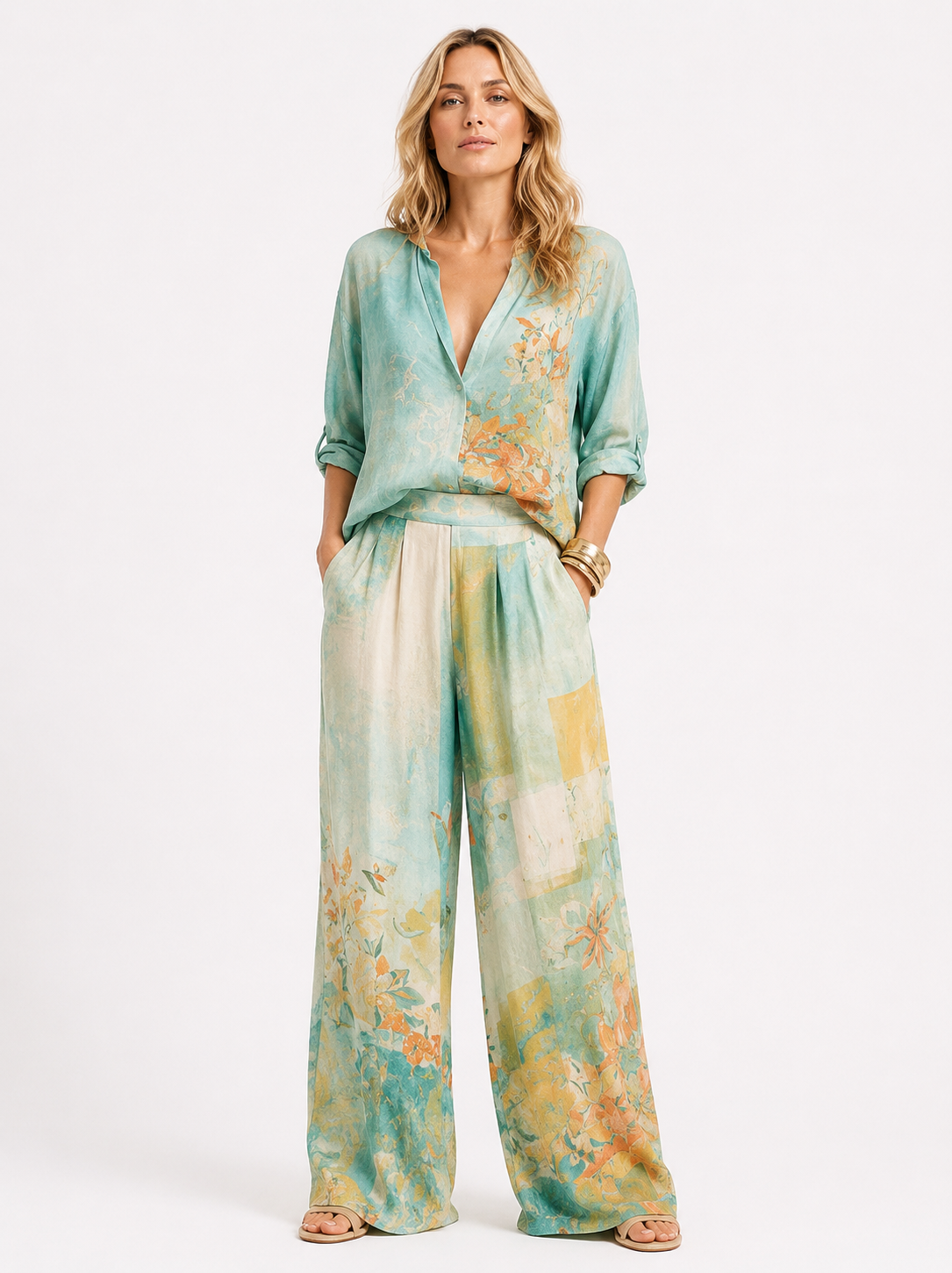 Alba | Conjunto estampado de caída fluida y pantalón ancho