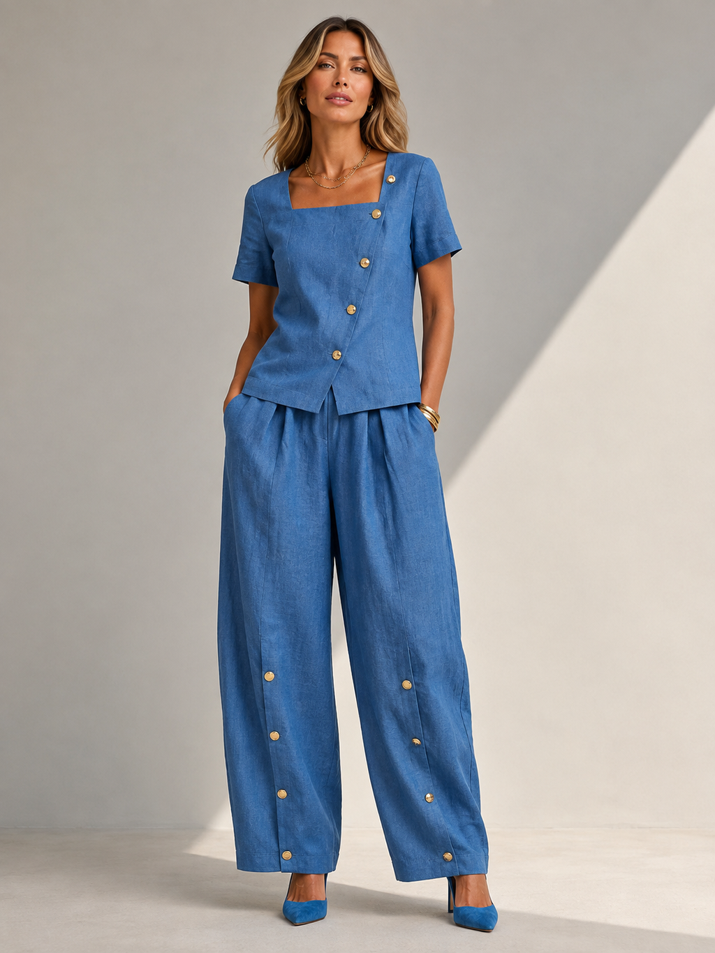 Natalia | Conjunto ligero de lino y algodón: top de manga corta y pantalón ancho, cómodo y fresco