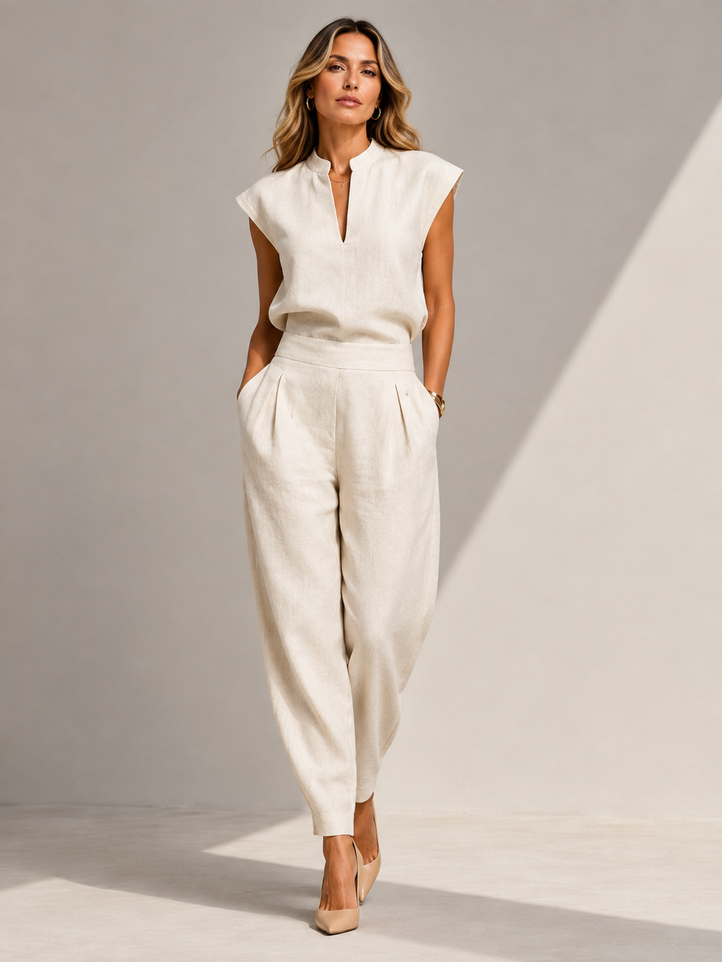 Cristina | Conjunto de lino y algodón: top sin mangas y pantalón de tiro alto, ligero y elegante