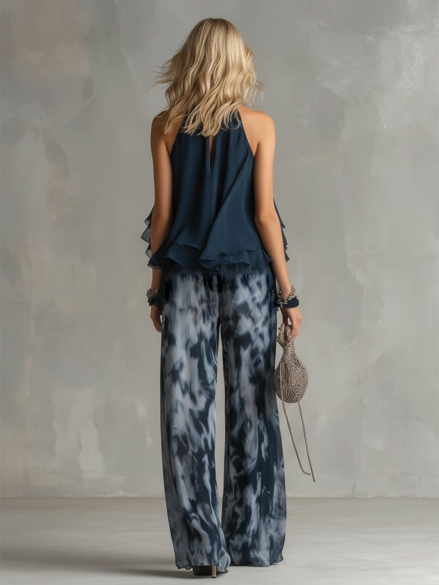 LUDI | Elegante conjunto de gasa con top de cuello alto y pantalones anchos estampados