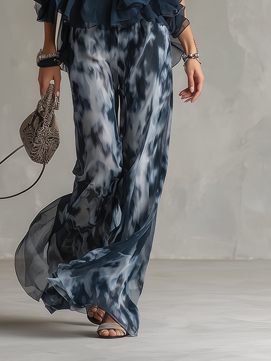 LUDI | Elegante conjunto de gasa con top de cuello alto y pantalones anchos estampados