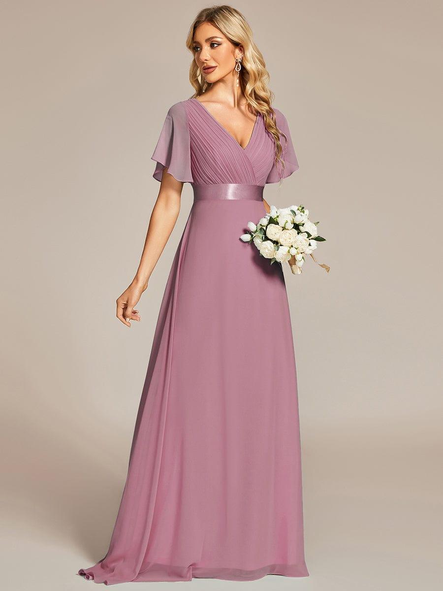 Marga | Vestido de dama de honor largo con corte imperio y mangas cortas con volantes