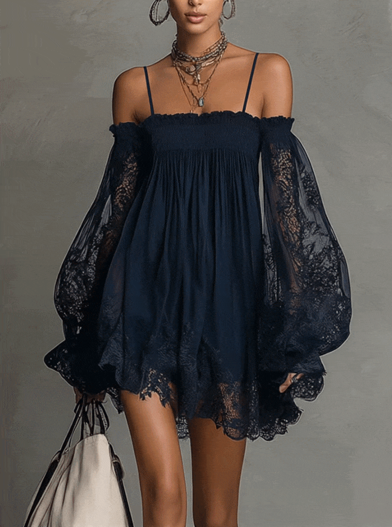 NOE - Minivestido de gasa azul marino y mangas transparentes