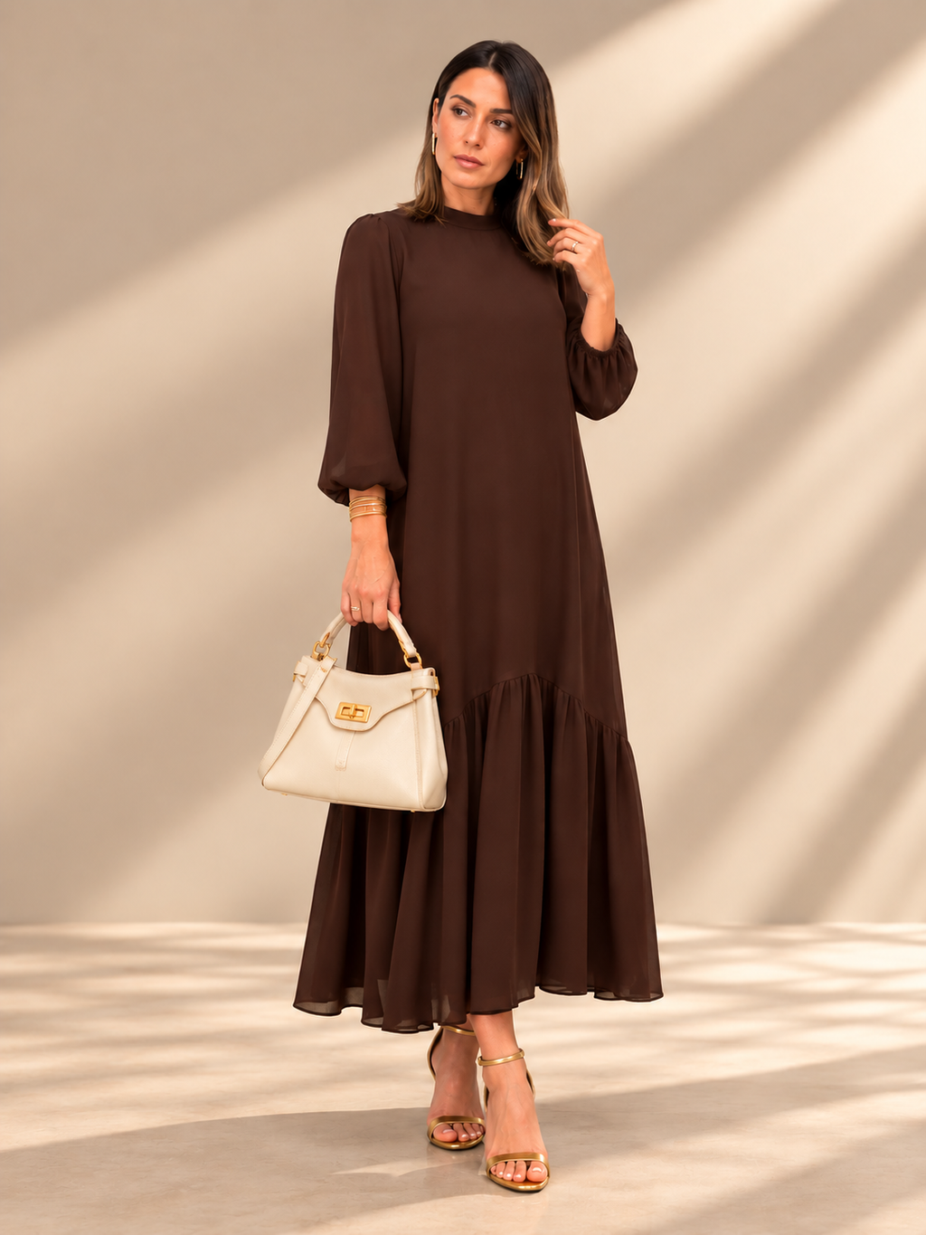 Vestido gasa liso marrón | Andrea