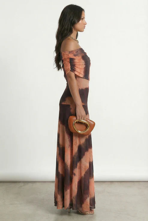 Vestido Celia Toledo Estampado Naranja y Marrón