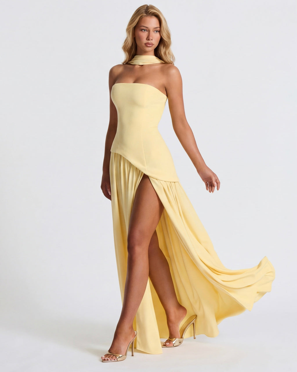 Anabel | Vestido Maxi Bicolor sin Tirantes con Pañuelo
