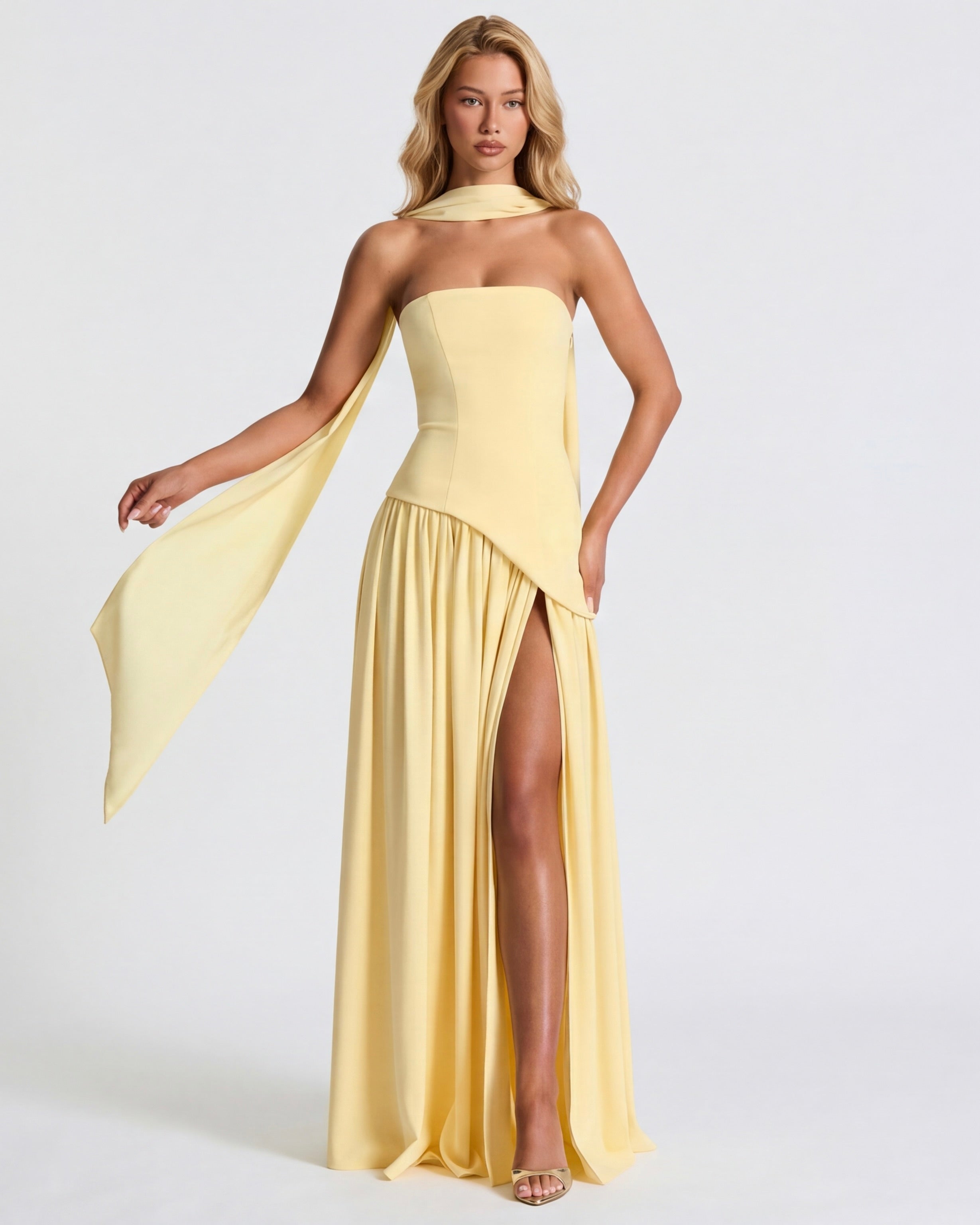 Anabel | Vestido Maxi Bicolor sin Tirantes con Pañuelo