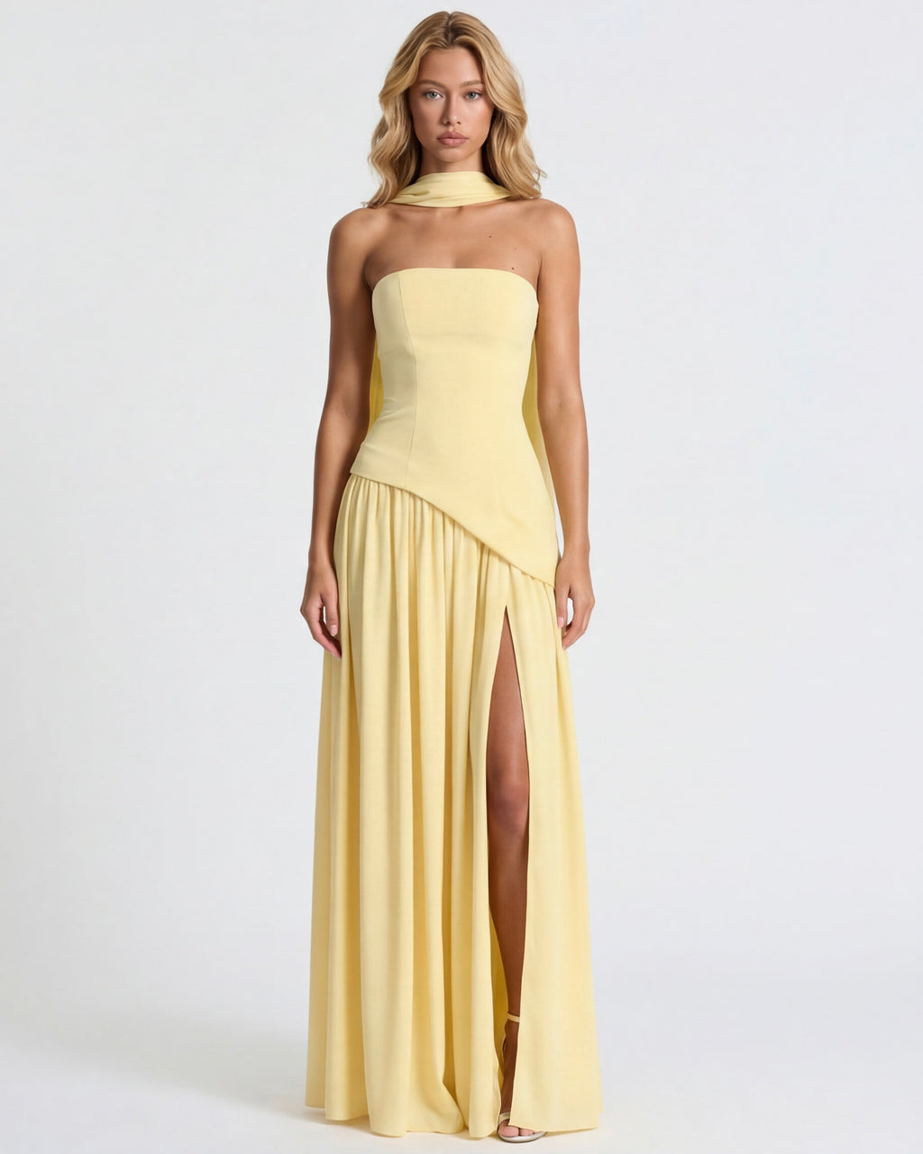 Anabel | Vestido Maxi Bicolor sin Tirantes con Pañuelo
