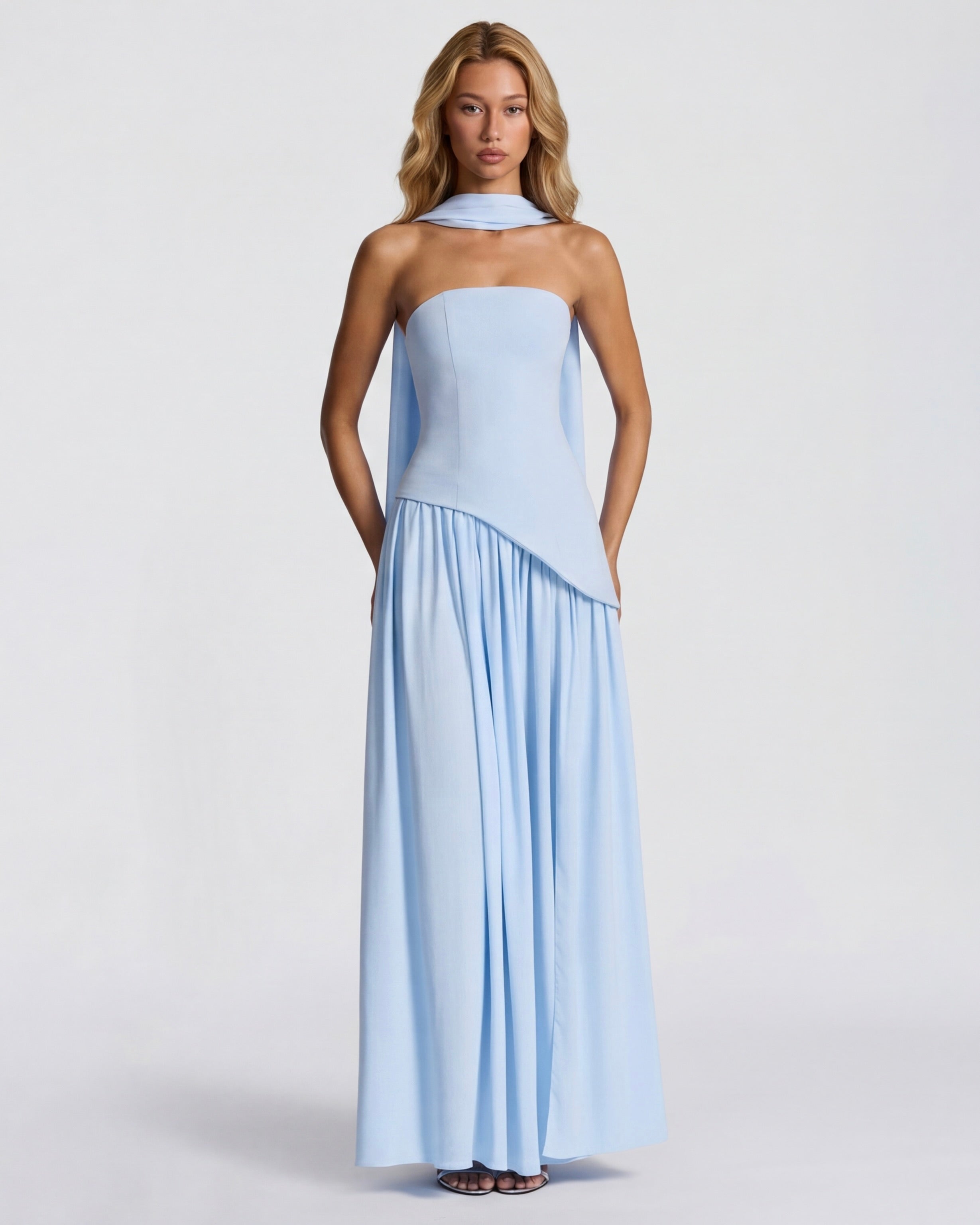 Anabel | Vestido Maxi Bicolor sin Tirantes con Pañuelo