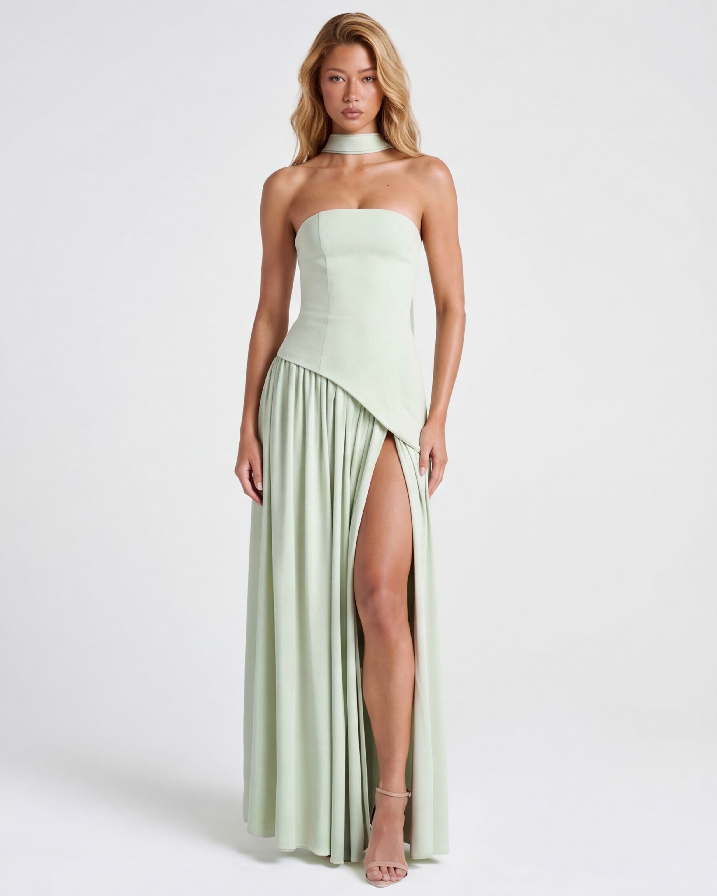 Anabel | Vestido Maxi Bicolor sin Tirantes con Pañuelo