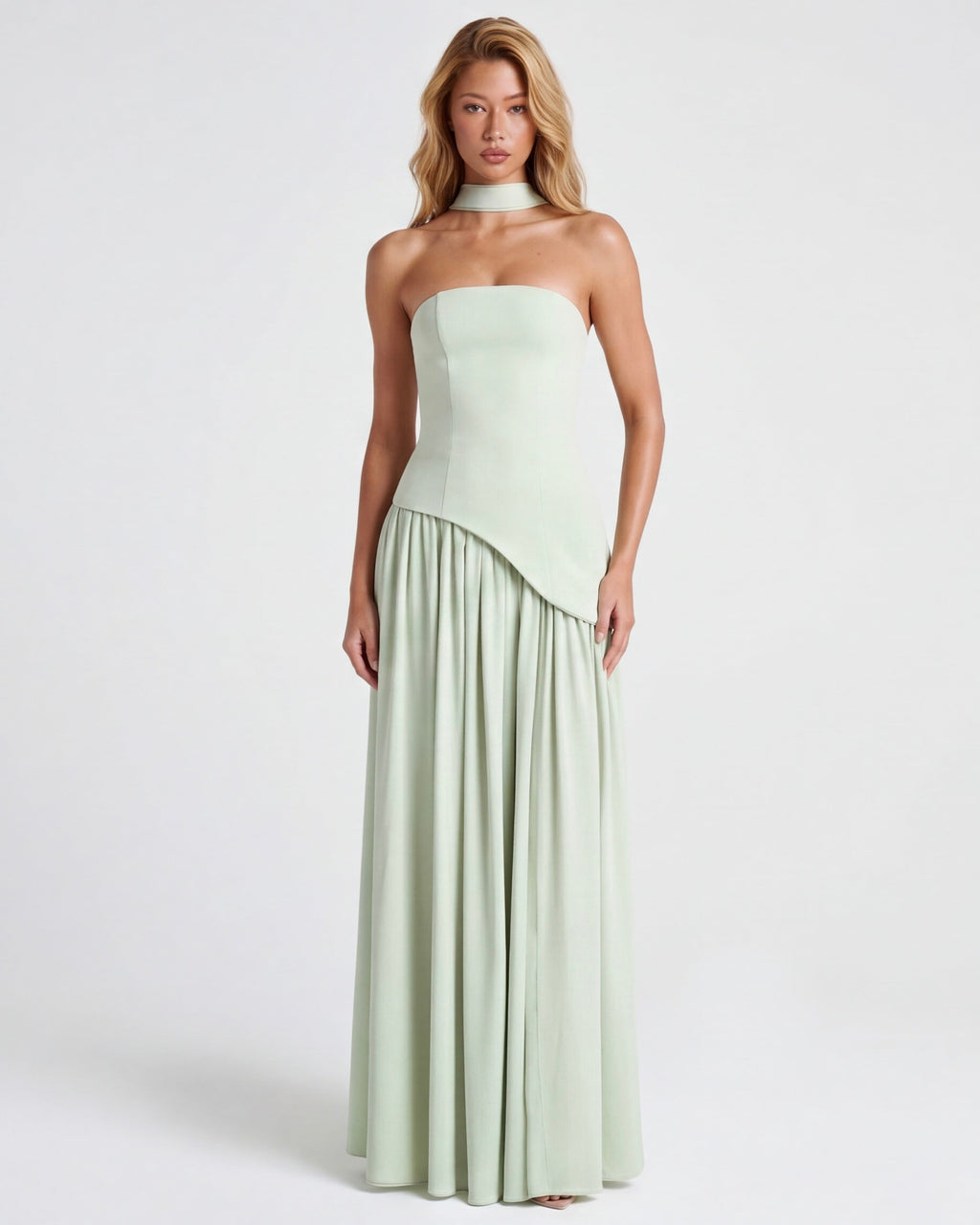 Anabel | Vestido Maxi Bicolor sin Tirantes con Pañuelo