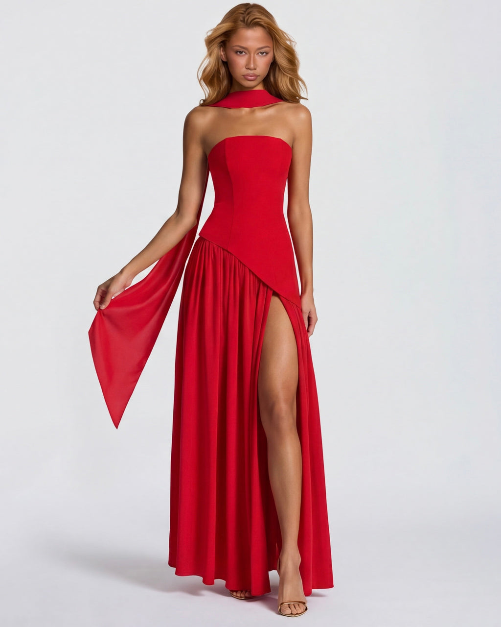 Anabel | Vestido Maxi Bicolor sin Tirantes con Pañuelo