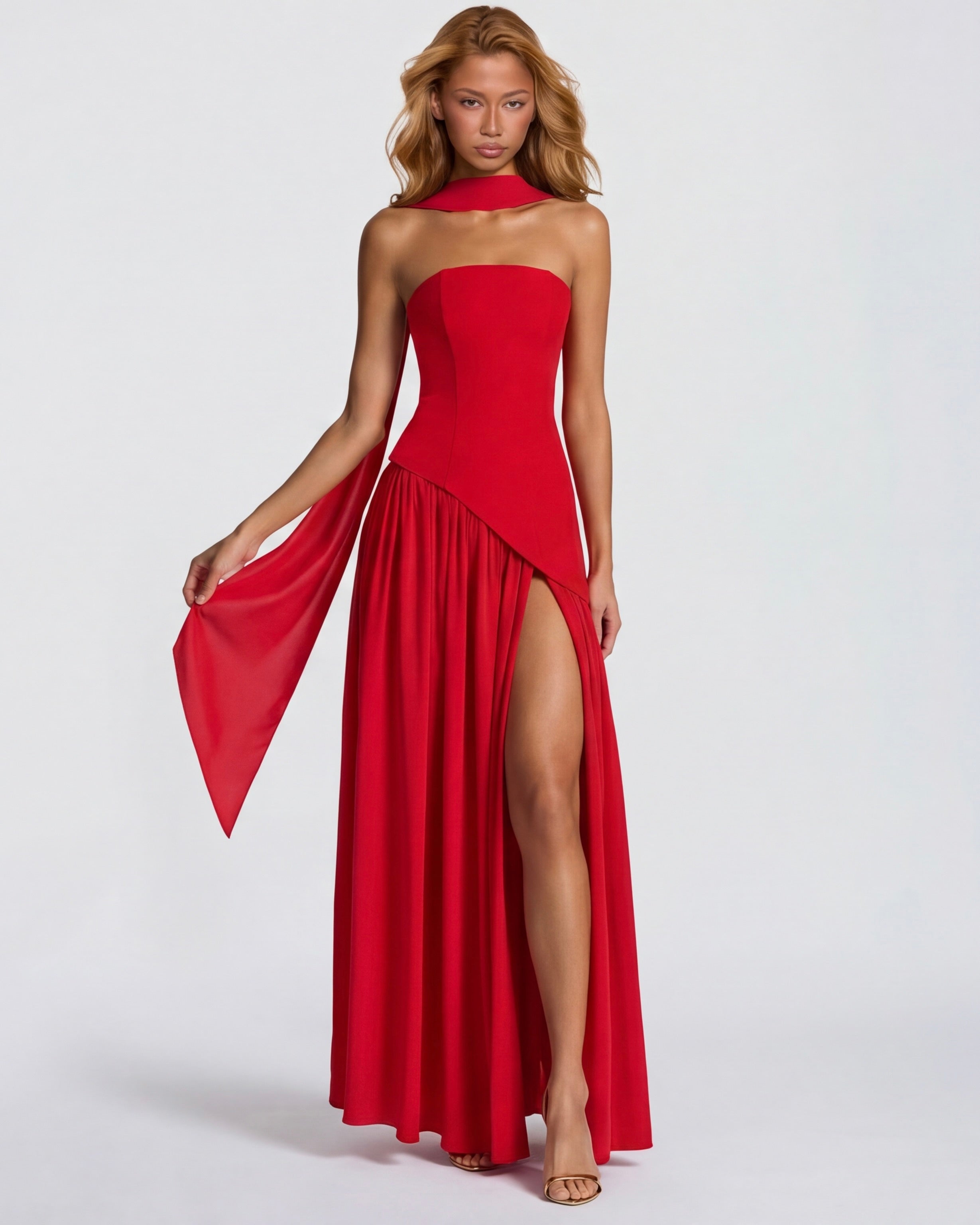 Anabel | Vestido Maxi Bicolor sin Tirantes con Pañuelo