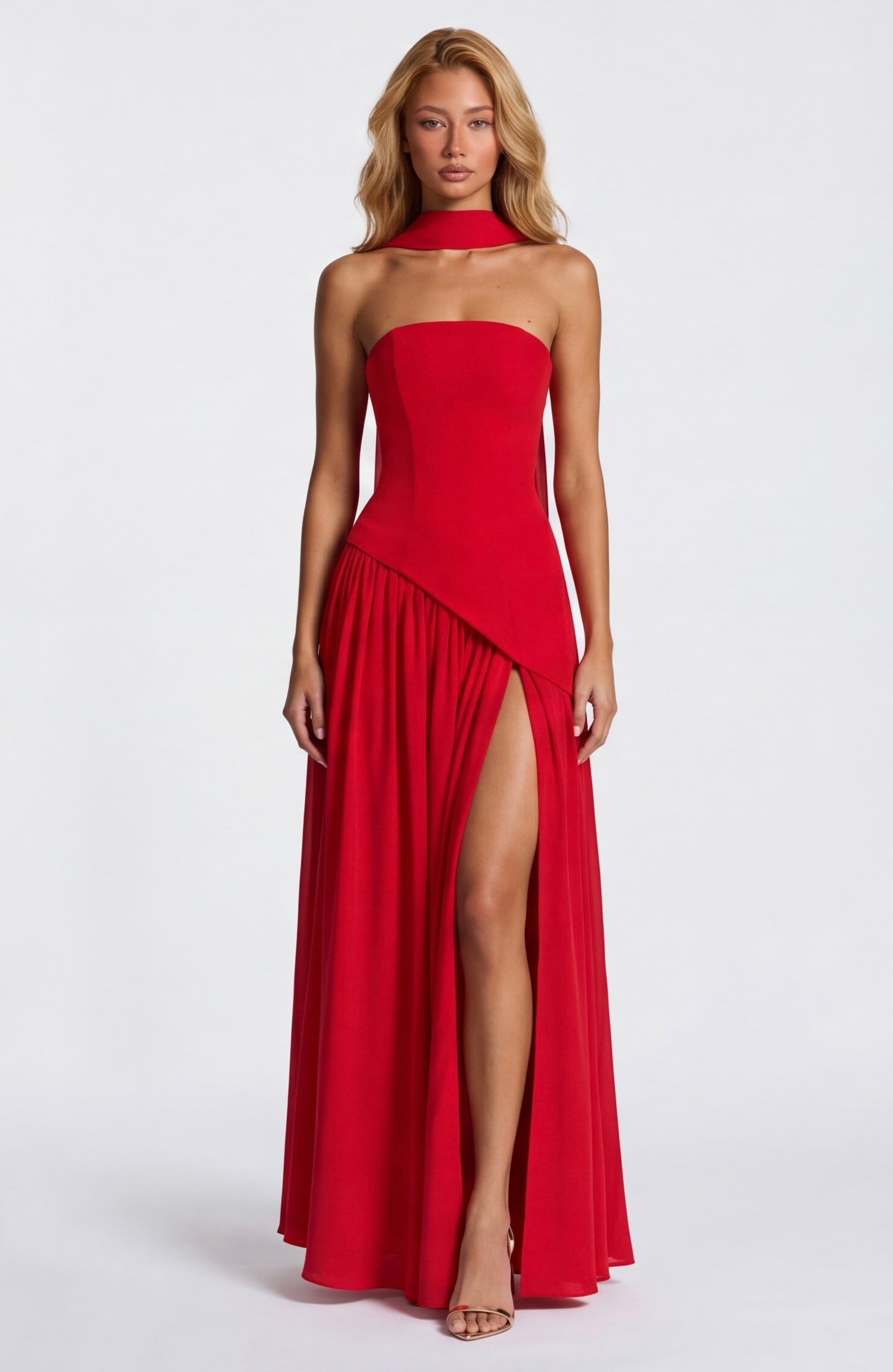 Anabel | Vestido Maxi Bicolor sin Tirantes con Pañuelo