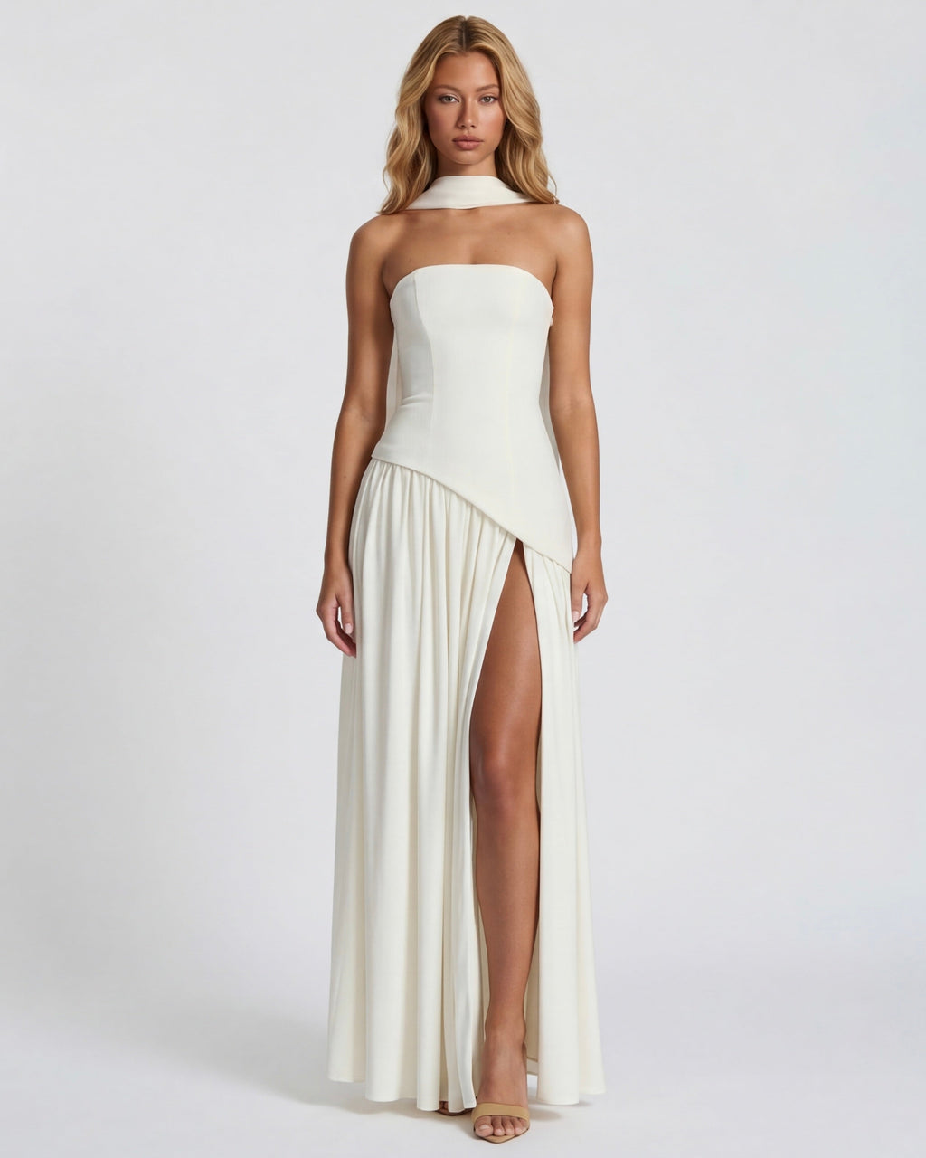 Anabel | Vestido Maxi Bicolor sin Tirantes con Pañuelo