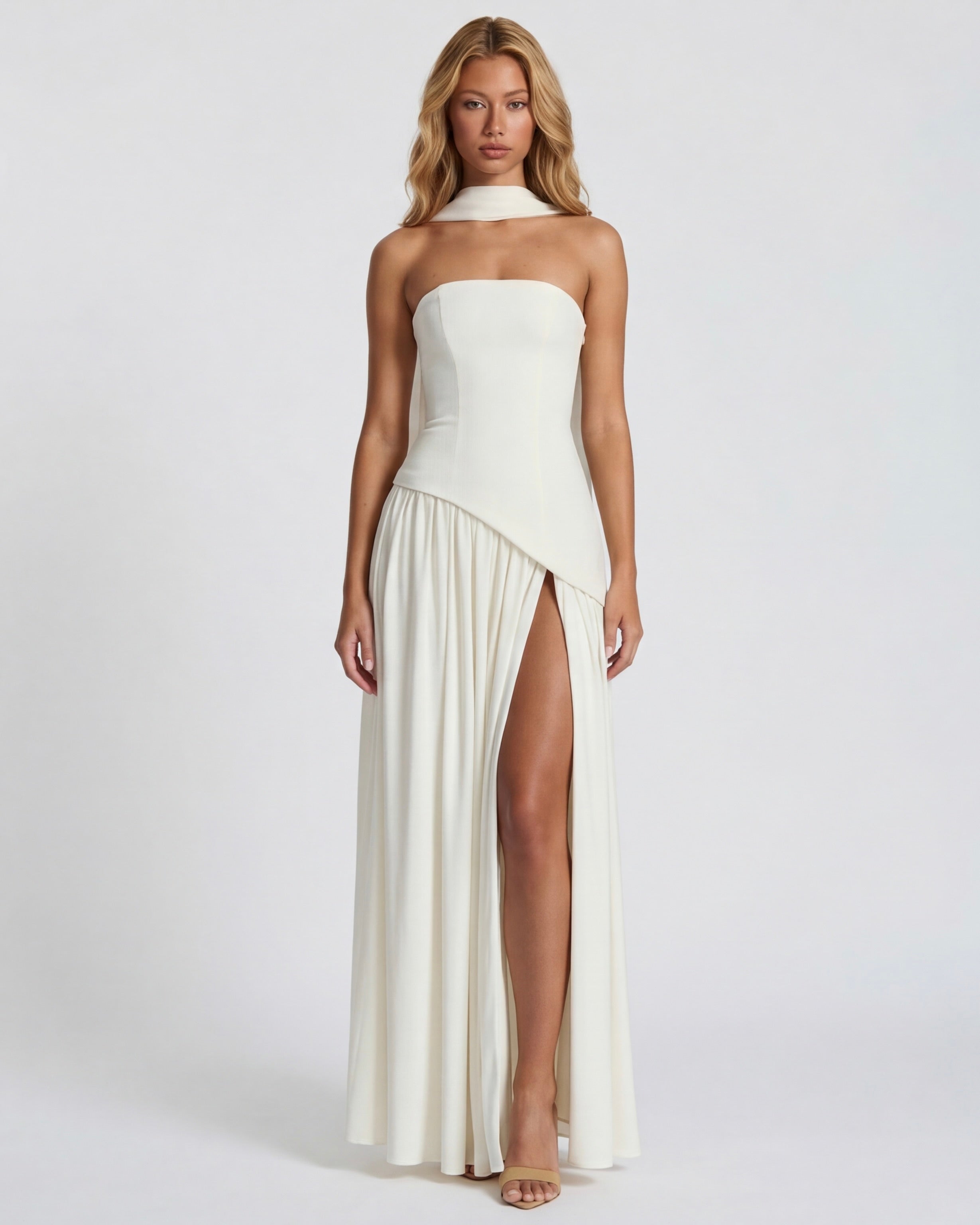 Anabel | Vestido Maxi Bicolor sin Tirantes con Pañuelo