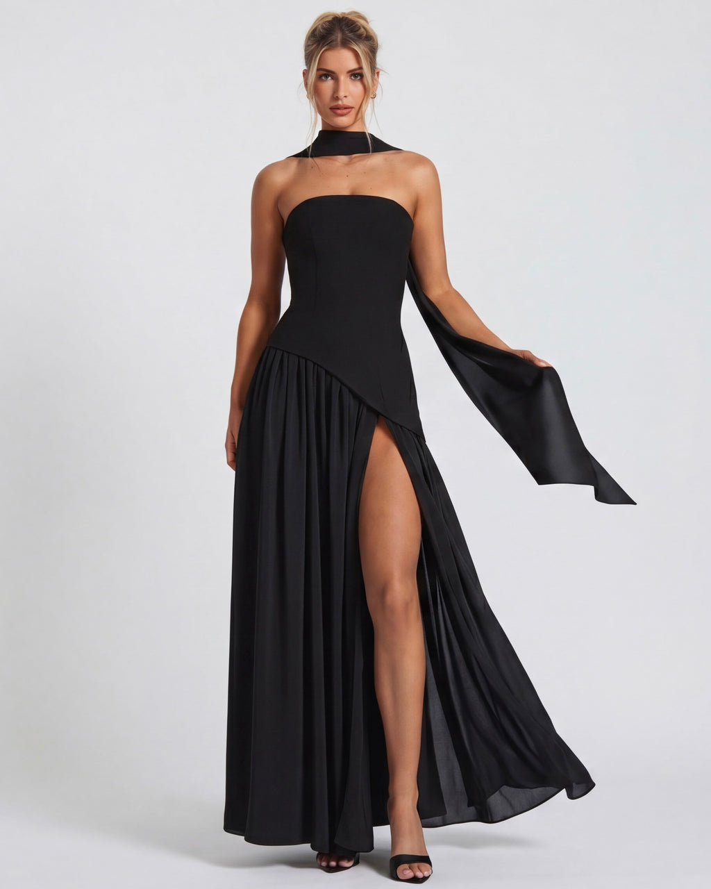 Anabel | Vestido Maxi Bicolor sin Tirantes con Pañuelo