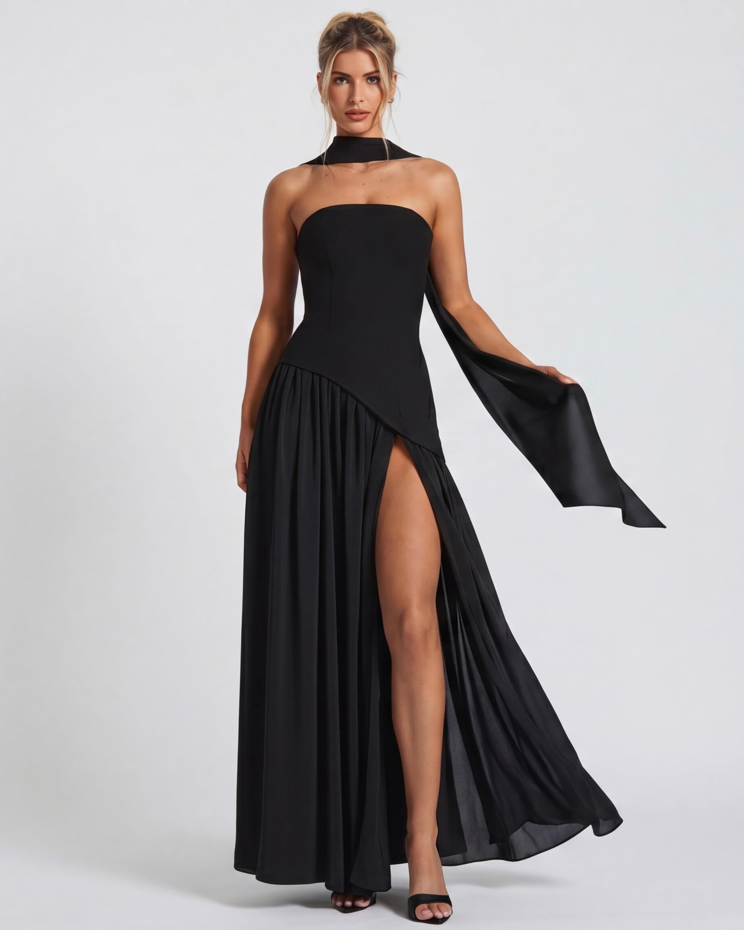 Anabel | Vestido Maxi Bicolor sin Tirantes con Pañuelo