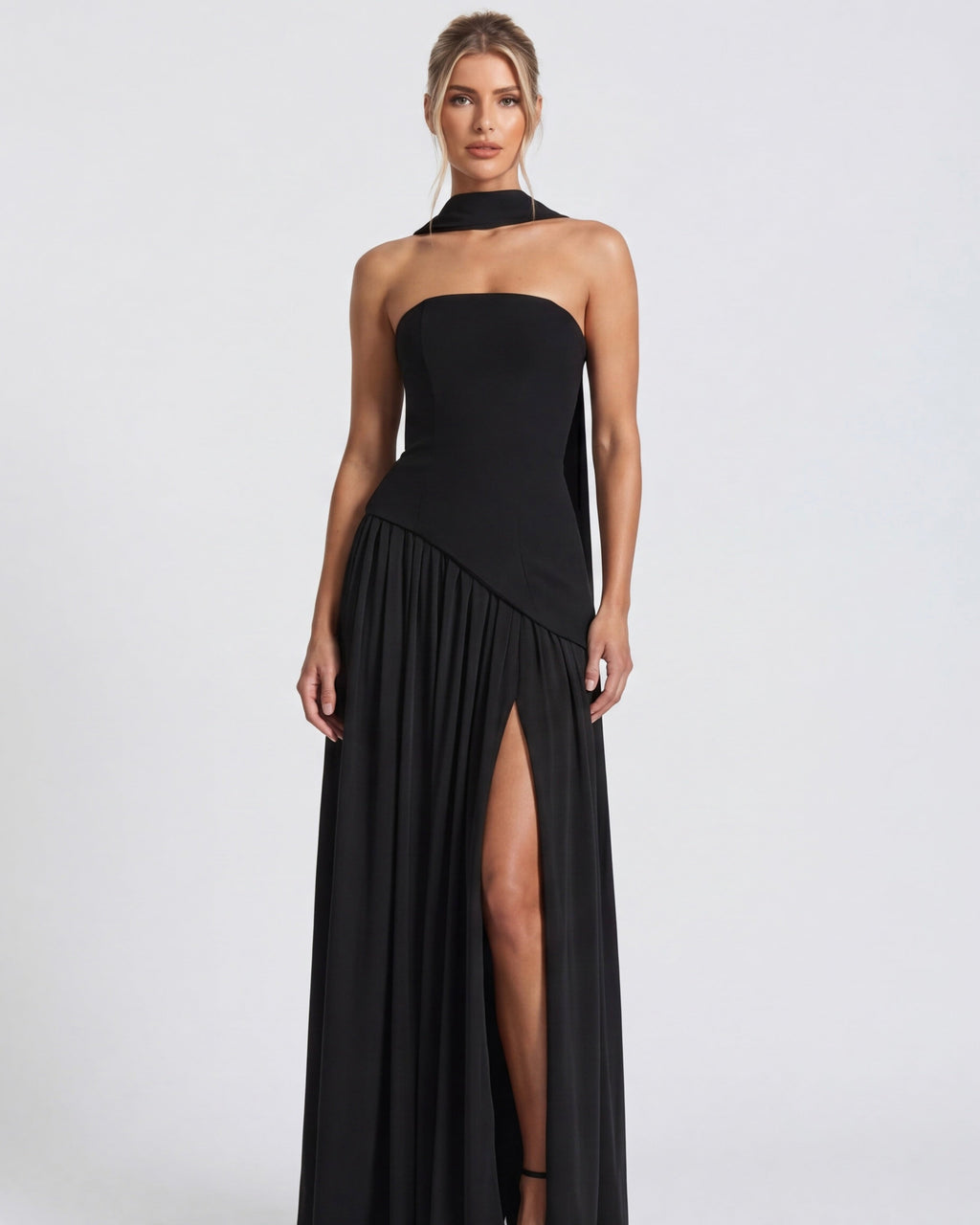 Anabel | Vestido Maxi Bicolor sin Tirantes con Pañuelo