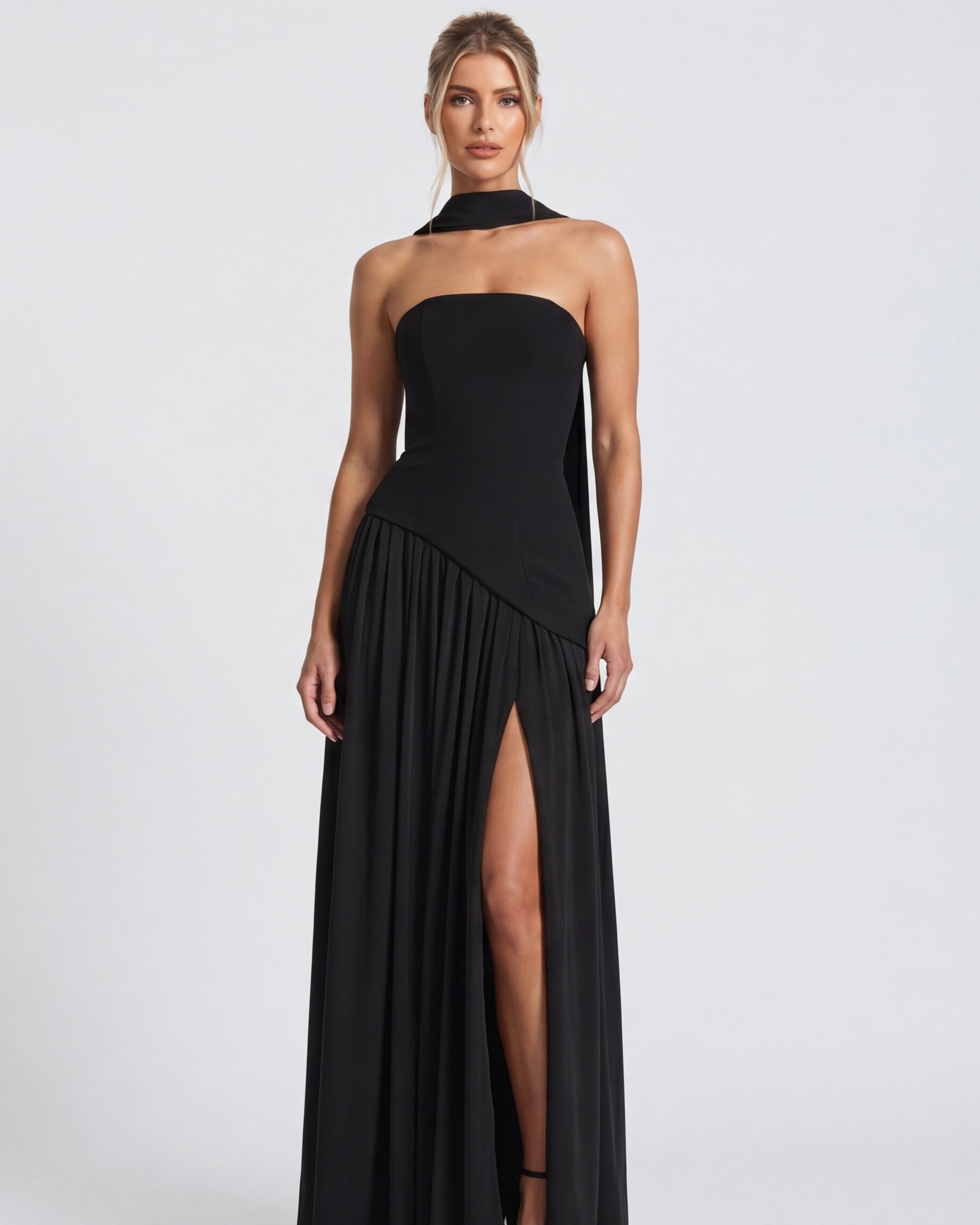 Anabel | Vestido Maxi Bicolor sin Tirantes con Pañuelo