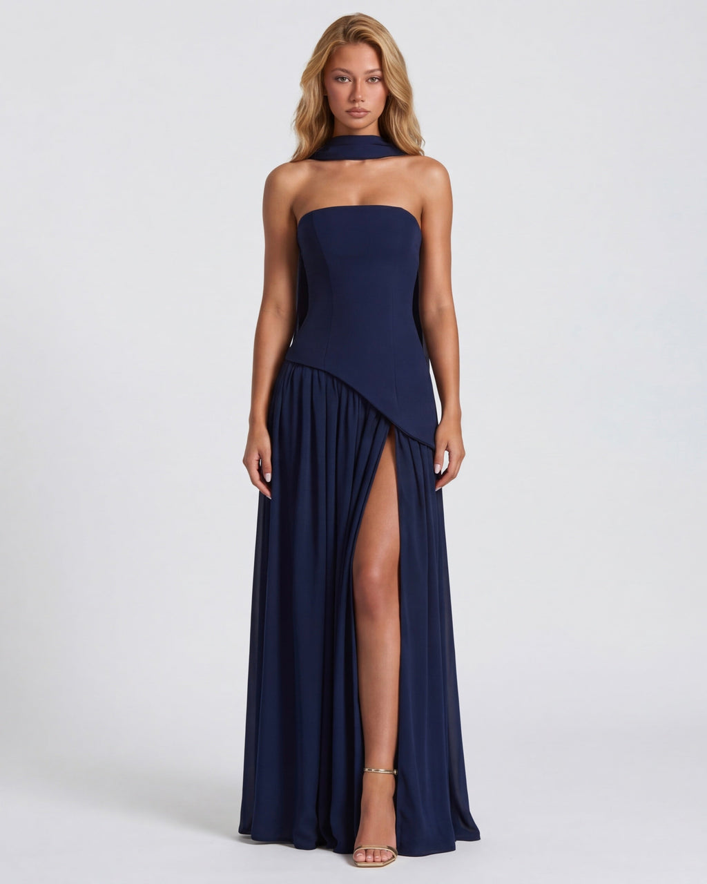 Anabel | Vestido Maxi Bicolor sin Tirantes con Pañuelo