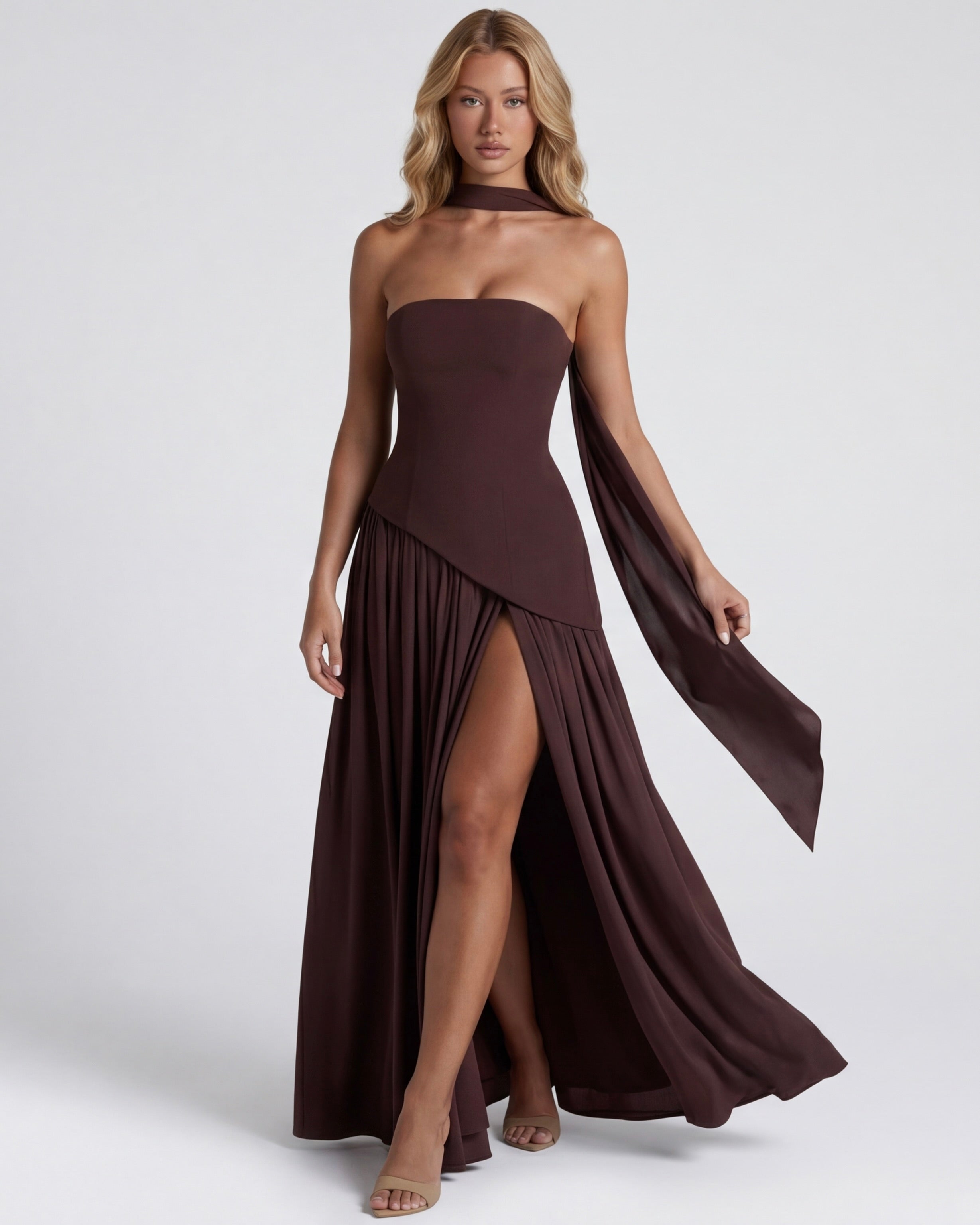 Anabel | Vestido Maxi Bicolor sin Tirantes con Pañuelo