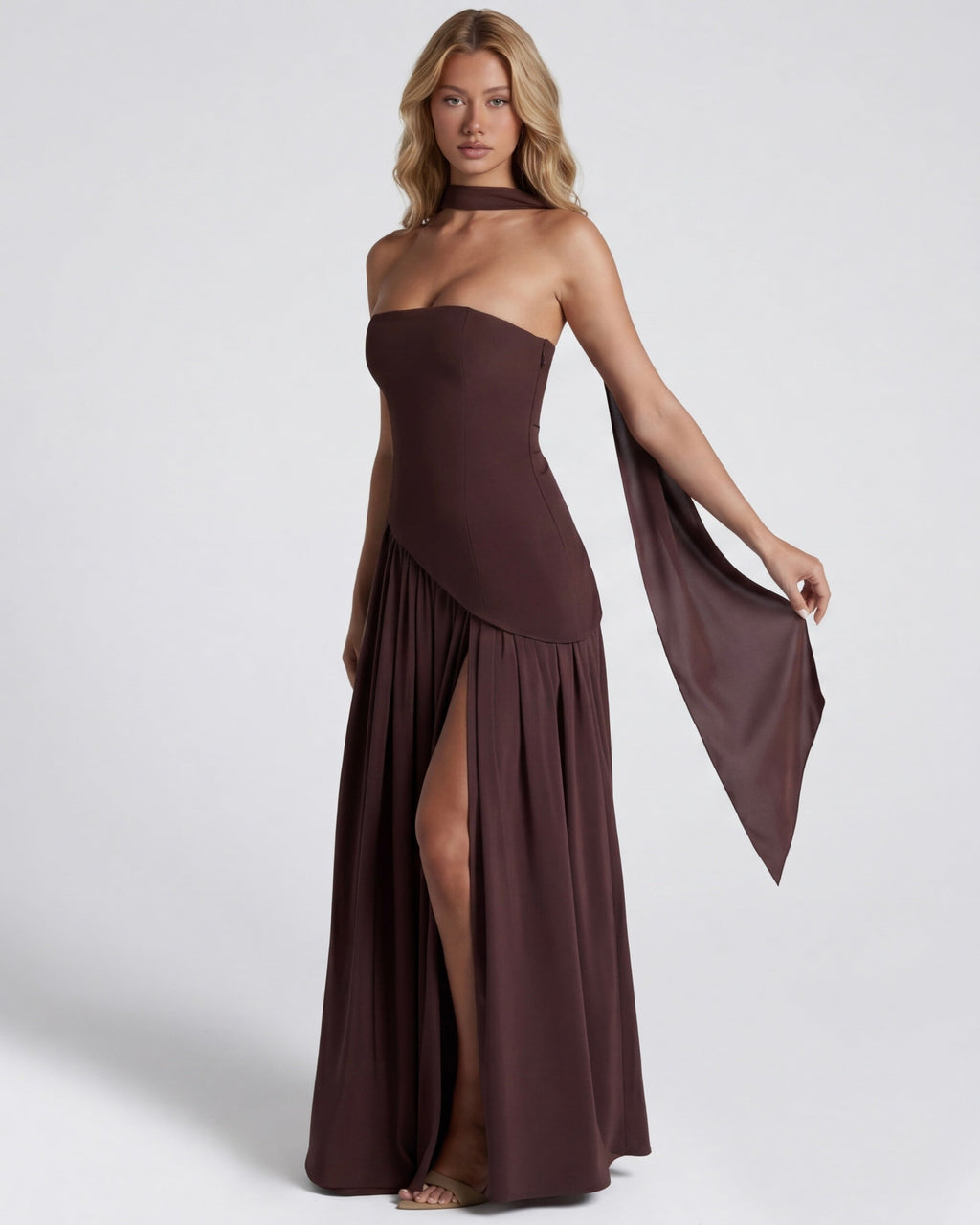 Anabel | Vestido Maxi Bicolor sin Tirantes con Pañuelo