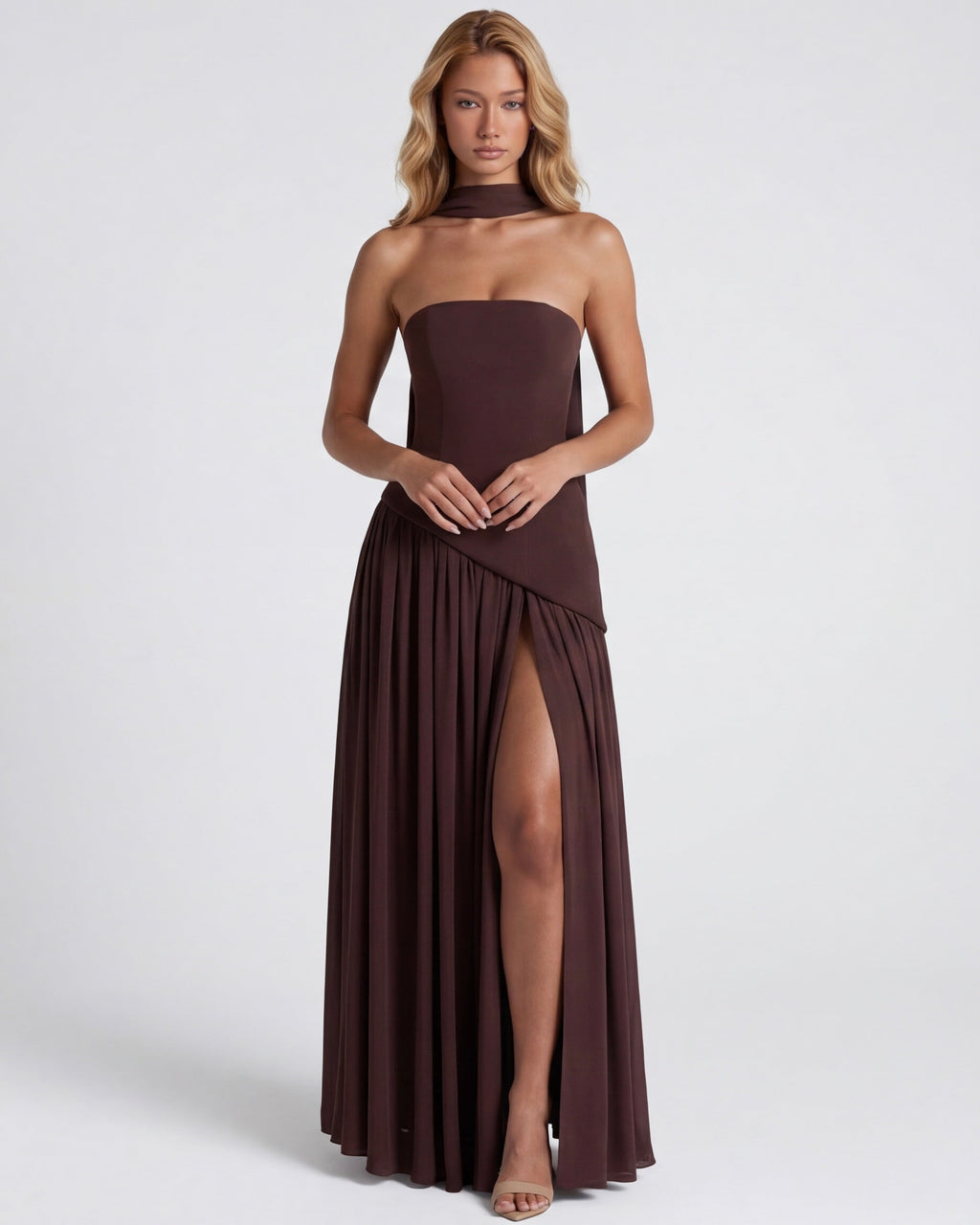 Anabel | Vestido Maxi Bicolor sin Tirantes con Pañuelo