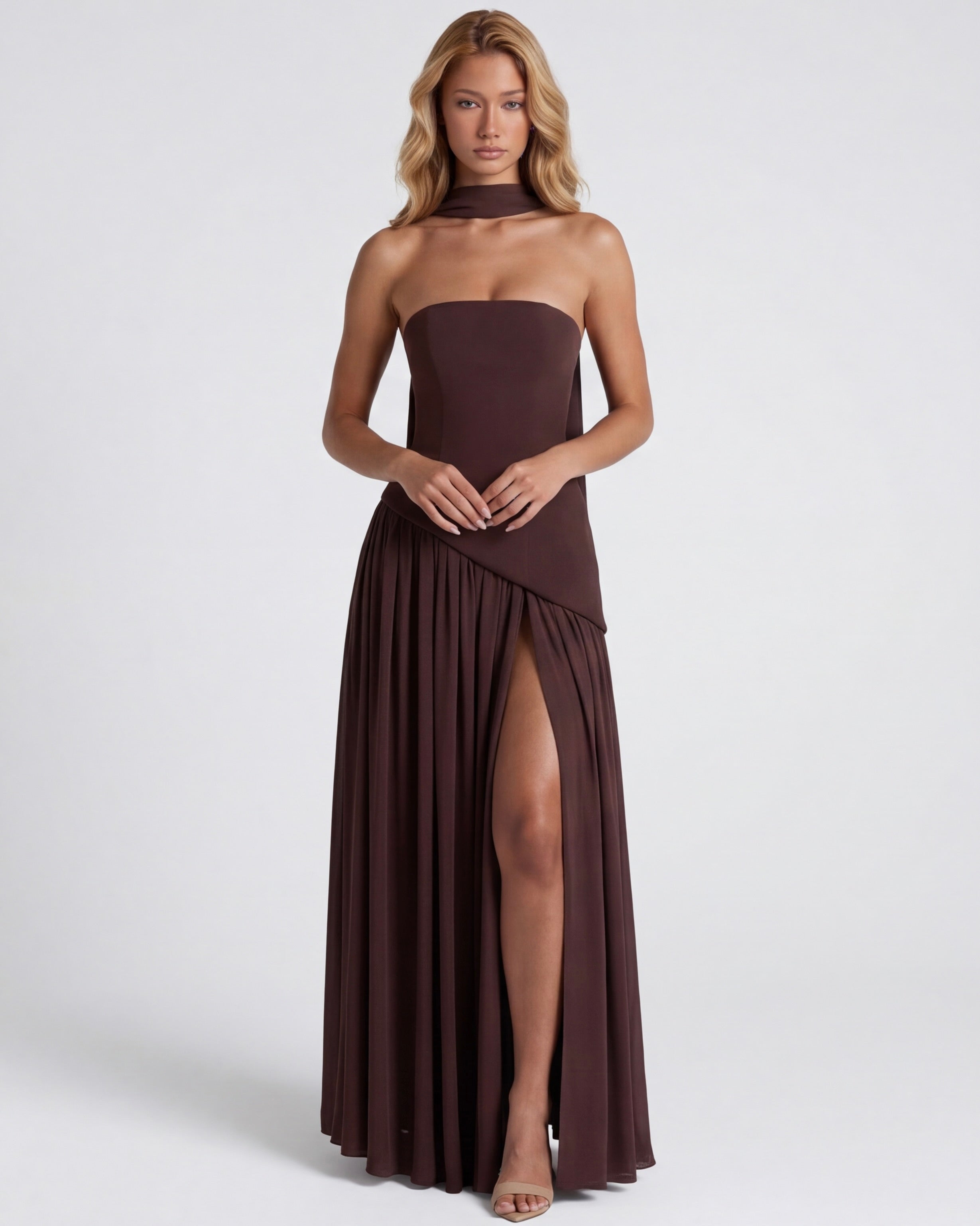 Anabel | Vestido Maxi Bicolor sin Tirantes con Pañuelo