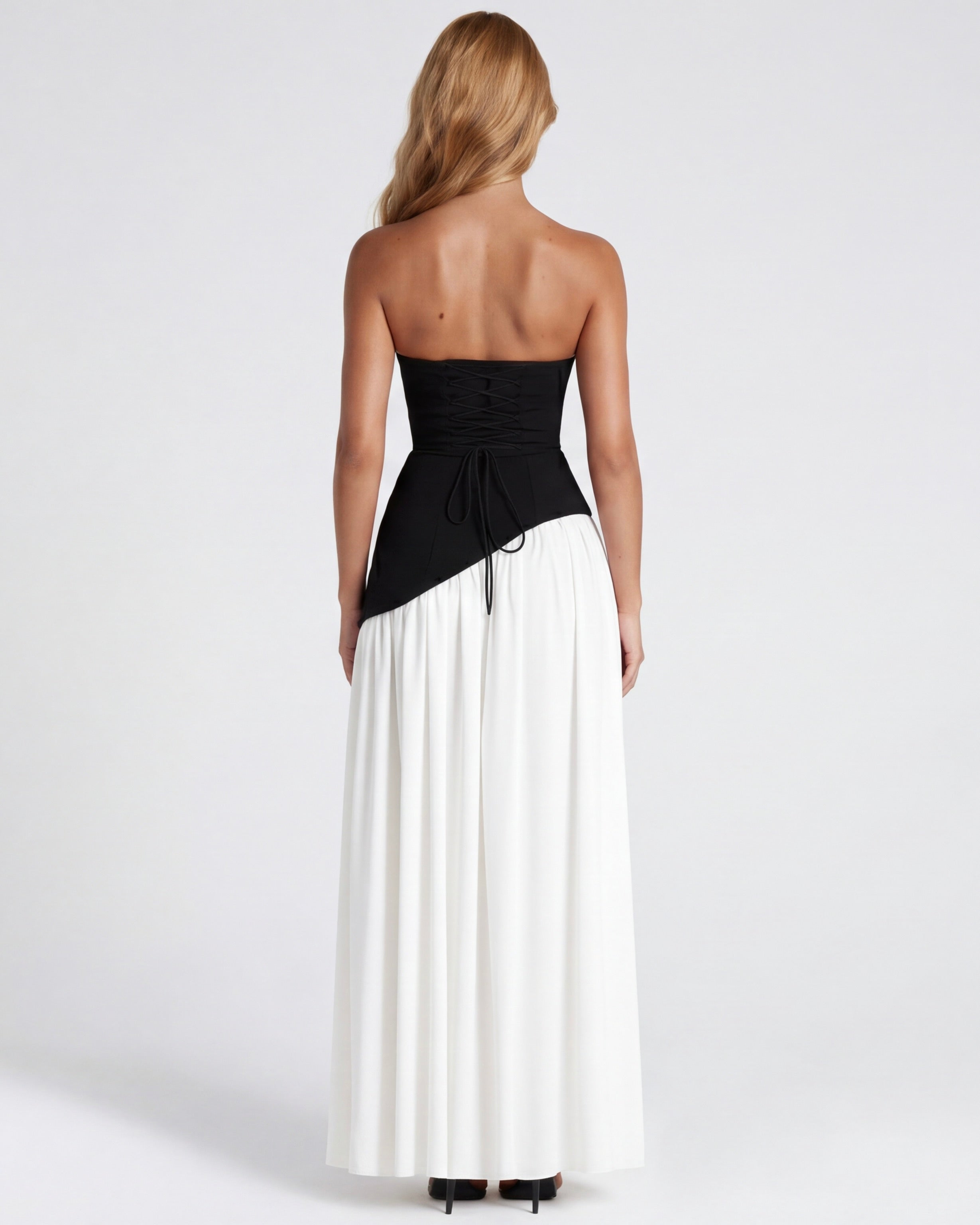 Anabel | Vestido Maxi Bicolor sin Tirantes con Pañuelo