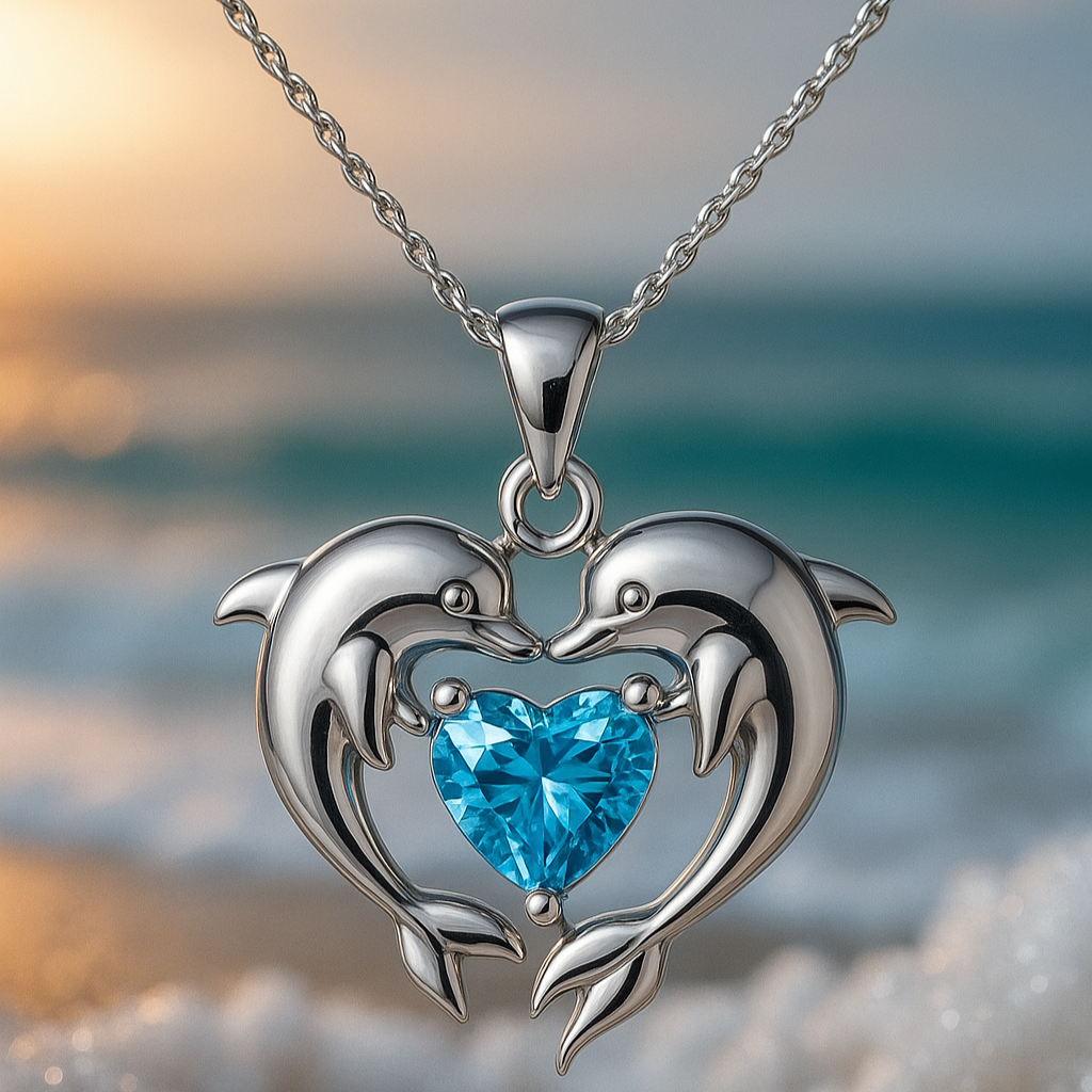 Collar de plata atemporal con dos delfines y un ópalo