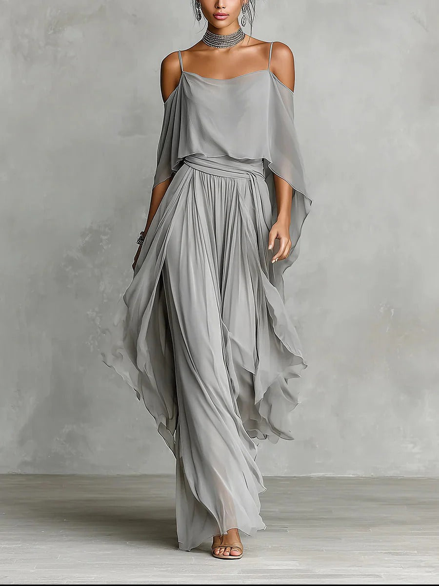 Isabela | Conjunto fluido gris con top de tirantes y pantalón ligero, elegante y cómodo