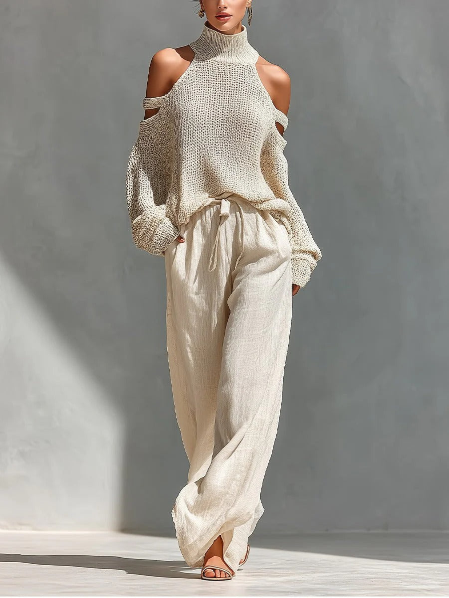 Camila | Conjunto sofisticado en punto y lino con pantalón de corte amplio