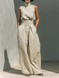 Aurora | Conjunto de dos piezas beige en algodón-lino, con pantalón de pierna ancha