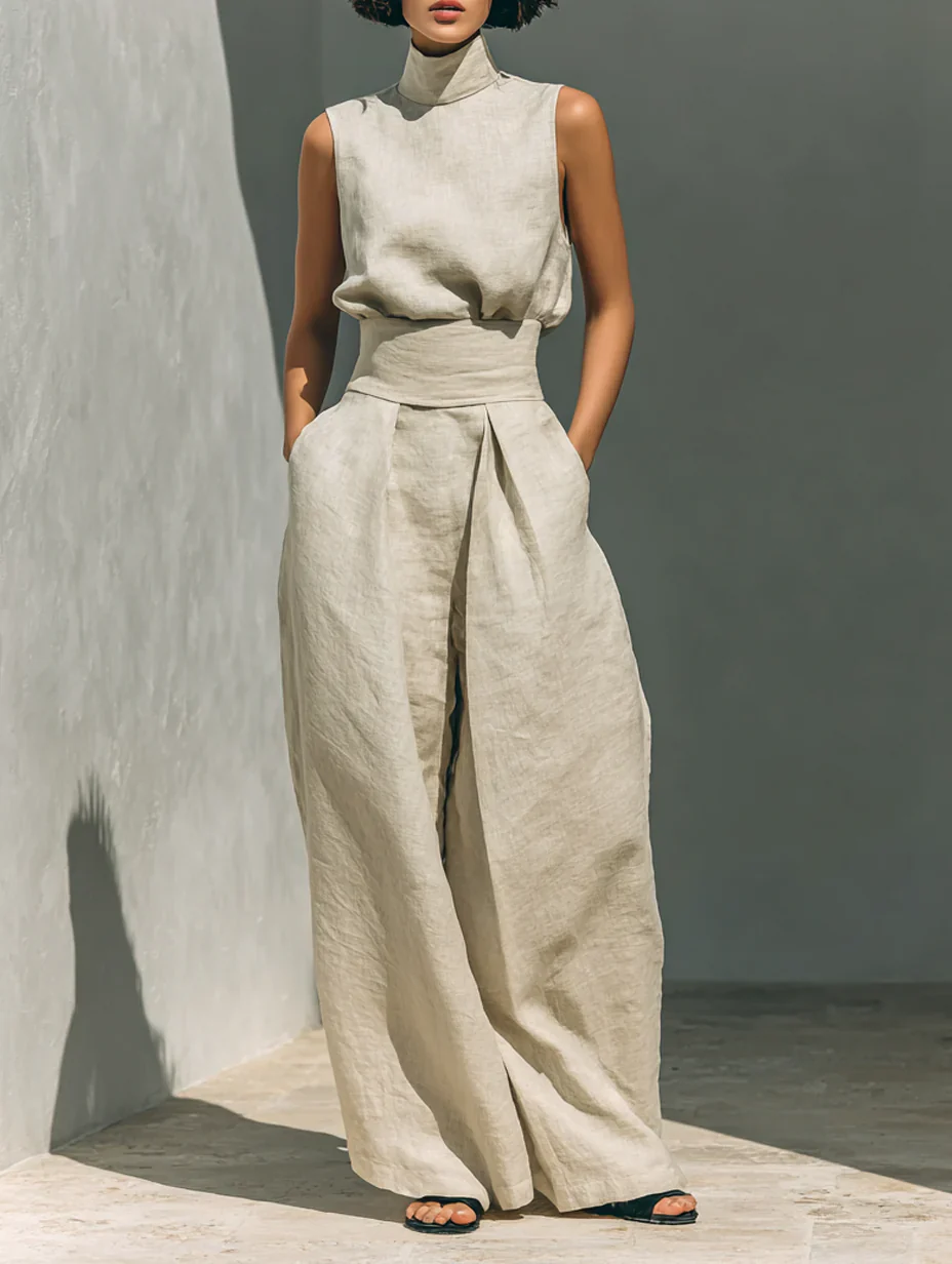 Aurora | Conjunto de dos piezas beige en algodón-lino, con pantalón de pierna ancha