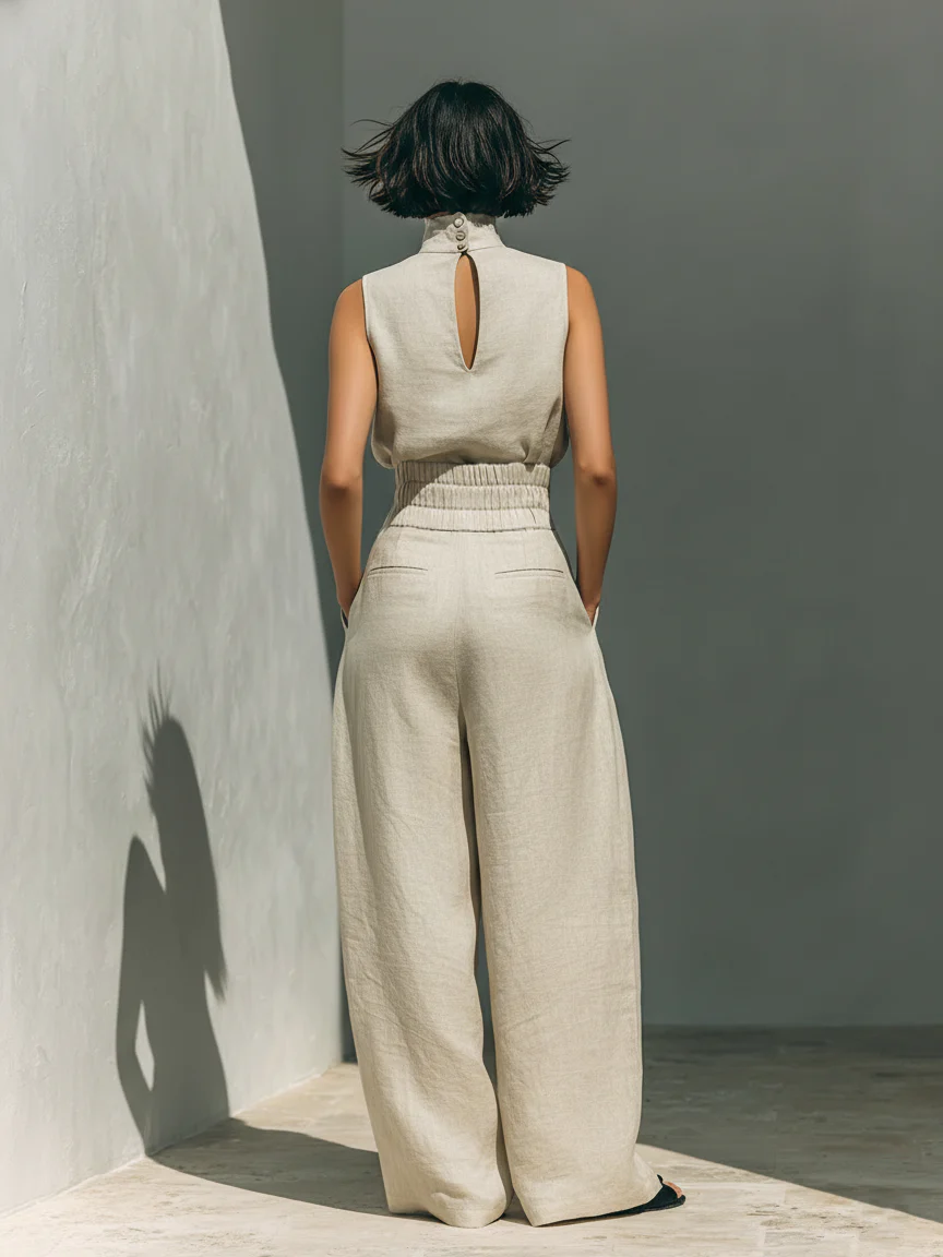 Aurora | Conjunto de dos piezas beige en algodón-lino, con pantalón de pierna ancha