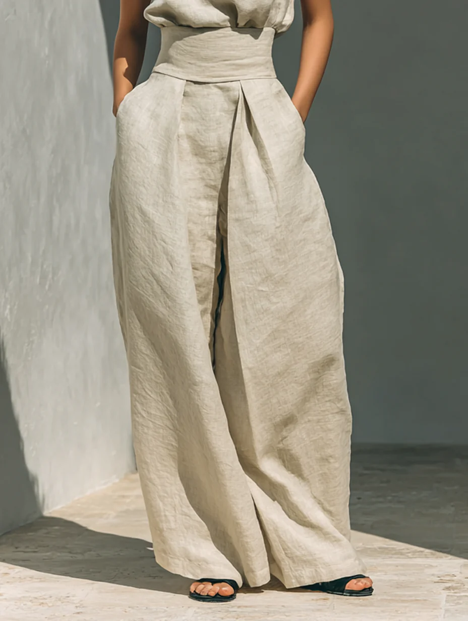 Aurora | Conjunto de dos piezas beige en algodón-lino, con pantalón de pierna ancha