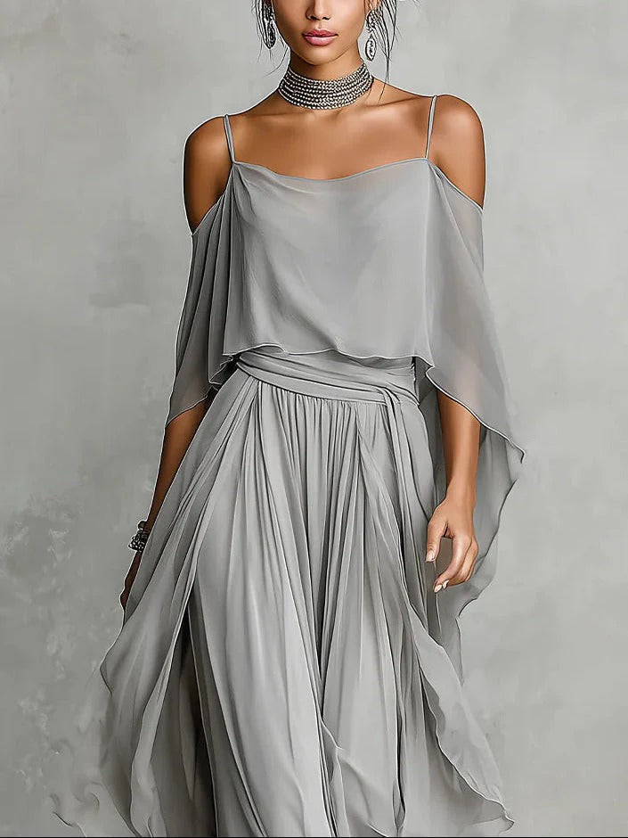 Isabela | Conjunto fluido gris con top de tirantes y pantalón ligero, elegante y cómodo
