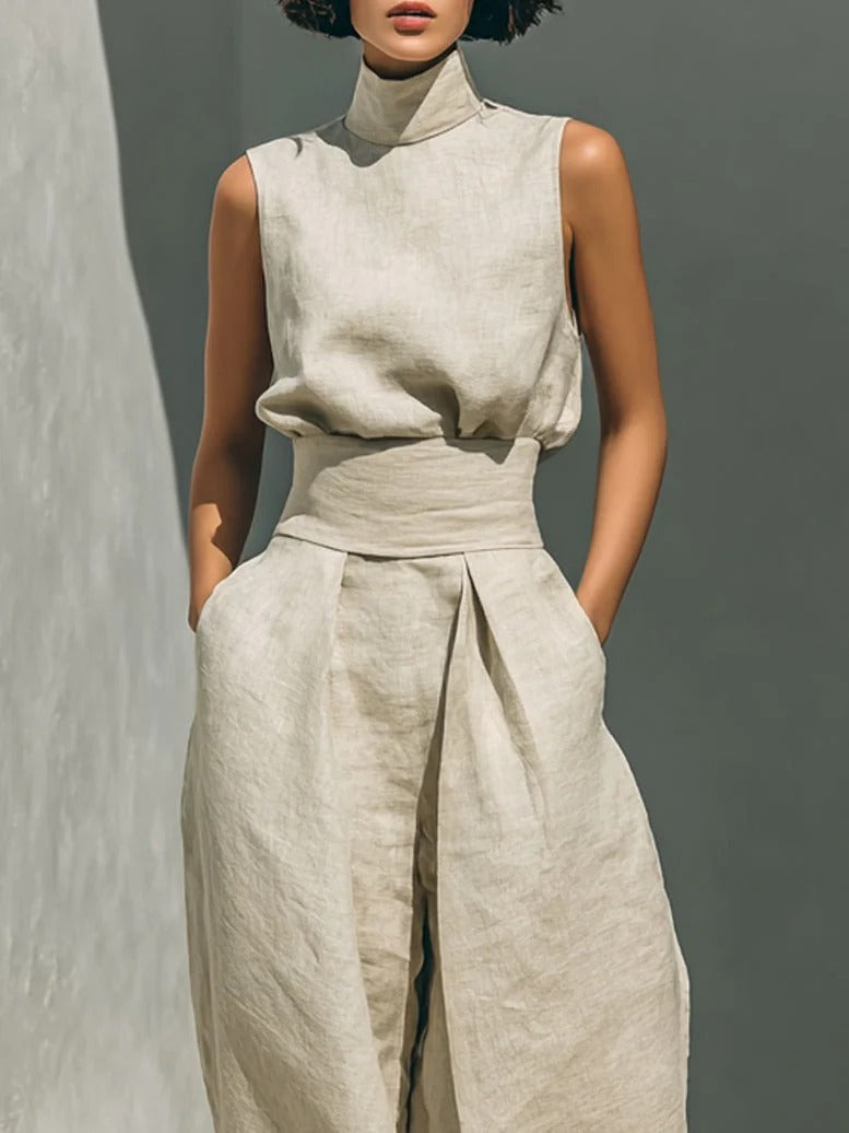 Aurora | Conjunto de dos piezas beige en algodón-lino, con pantalón de pierna ancha