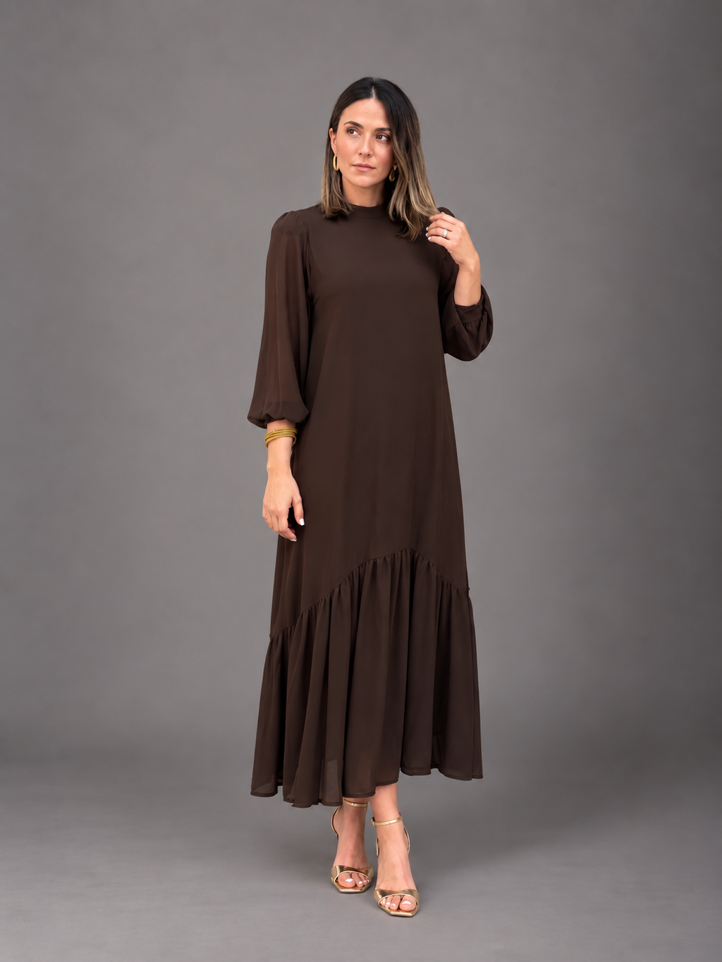 Vestido gasa liso marrón | Andrea