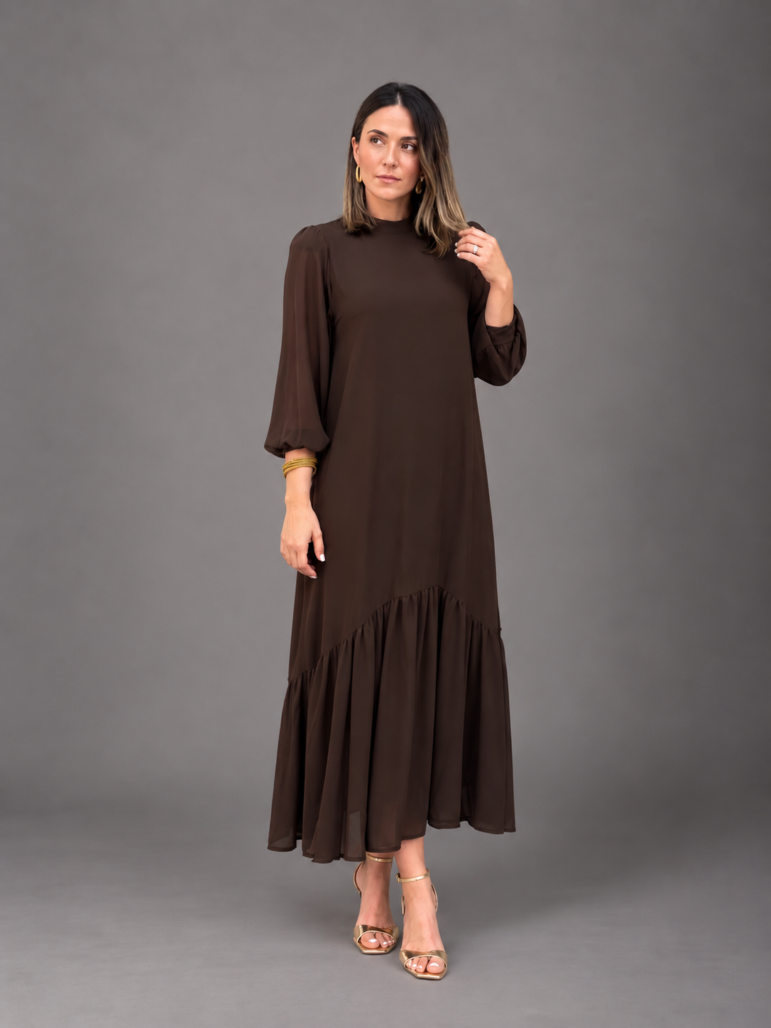 Vestido gasa liso marrón | Andrea
