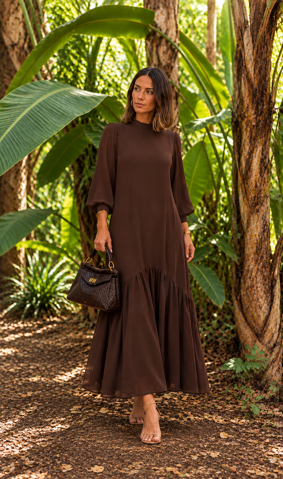 Vestido gasa liso marrón | Andrea