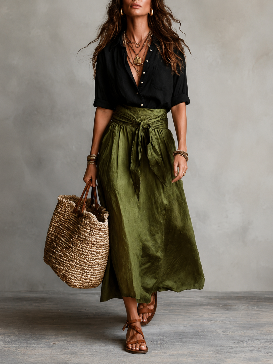 Aitana | Elegante conjunto de dos piezas: blusa negra y falda midi verde oliva para mujer