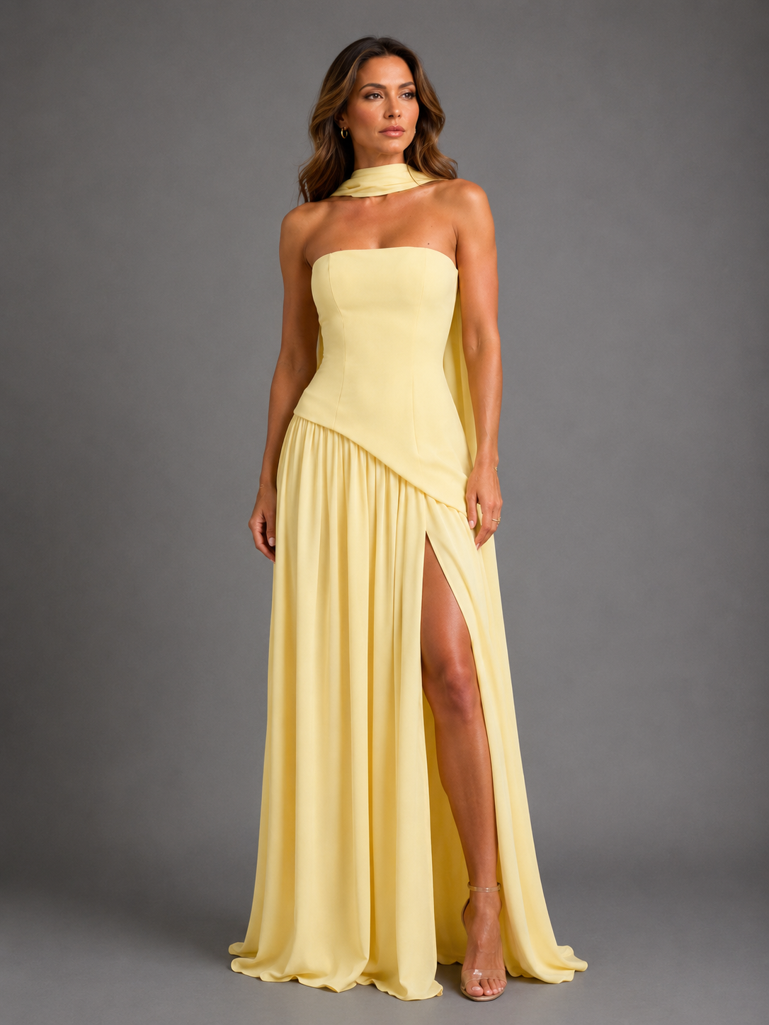 Anabel | Vestido Maxi Bicolor sin Tirantes con Pañuelo