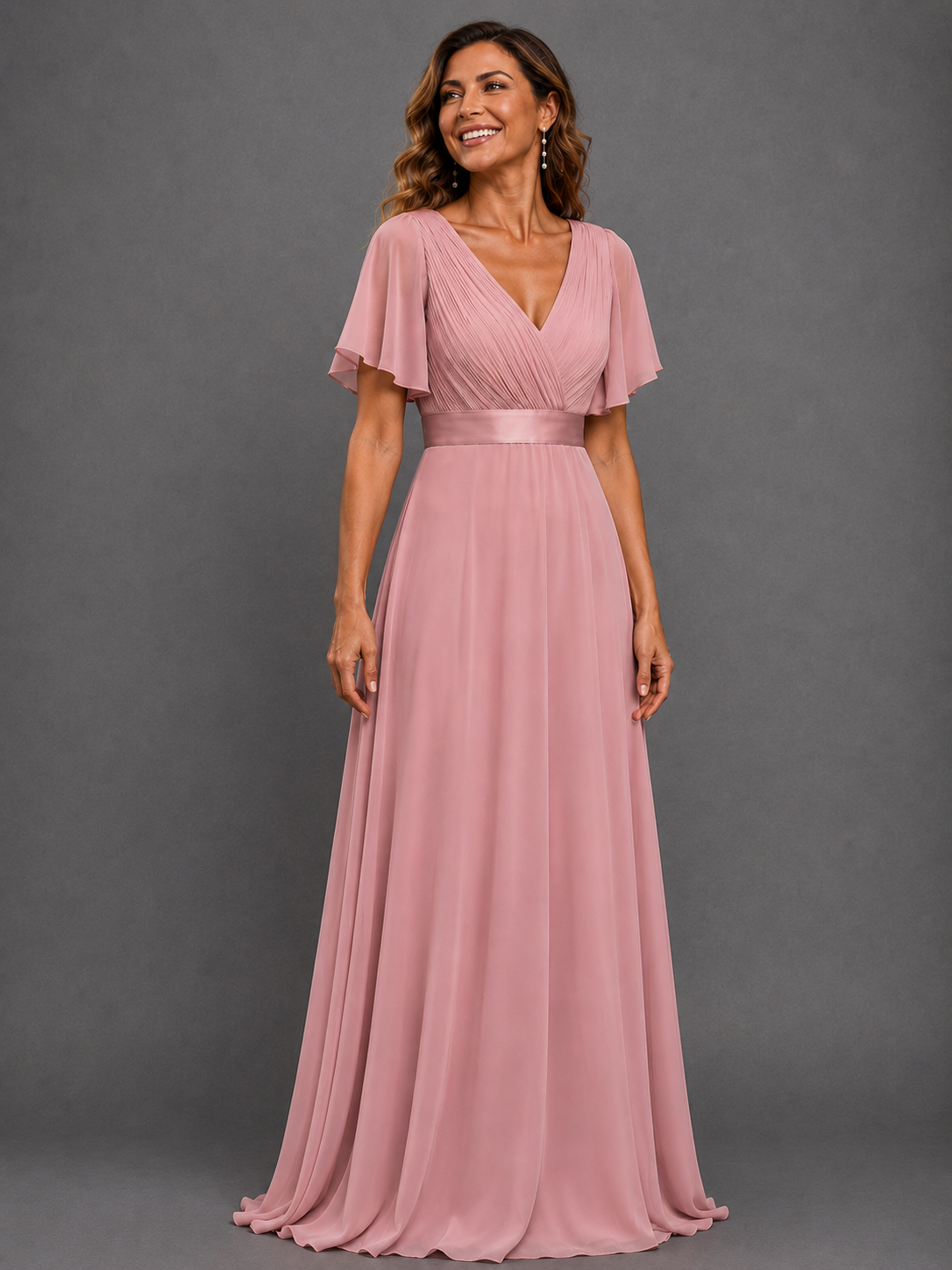 Marga | Vestido de dama de honor largo con corte imperio y mangas cortas con volantes