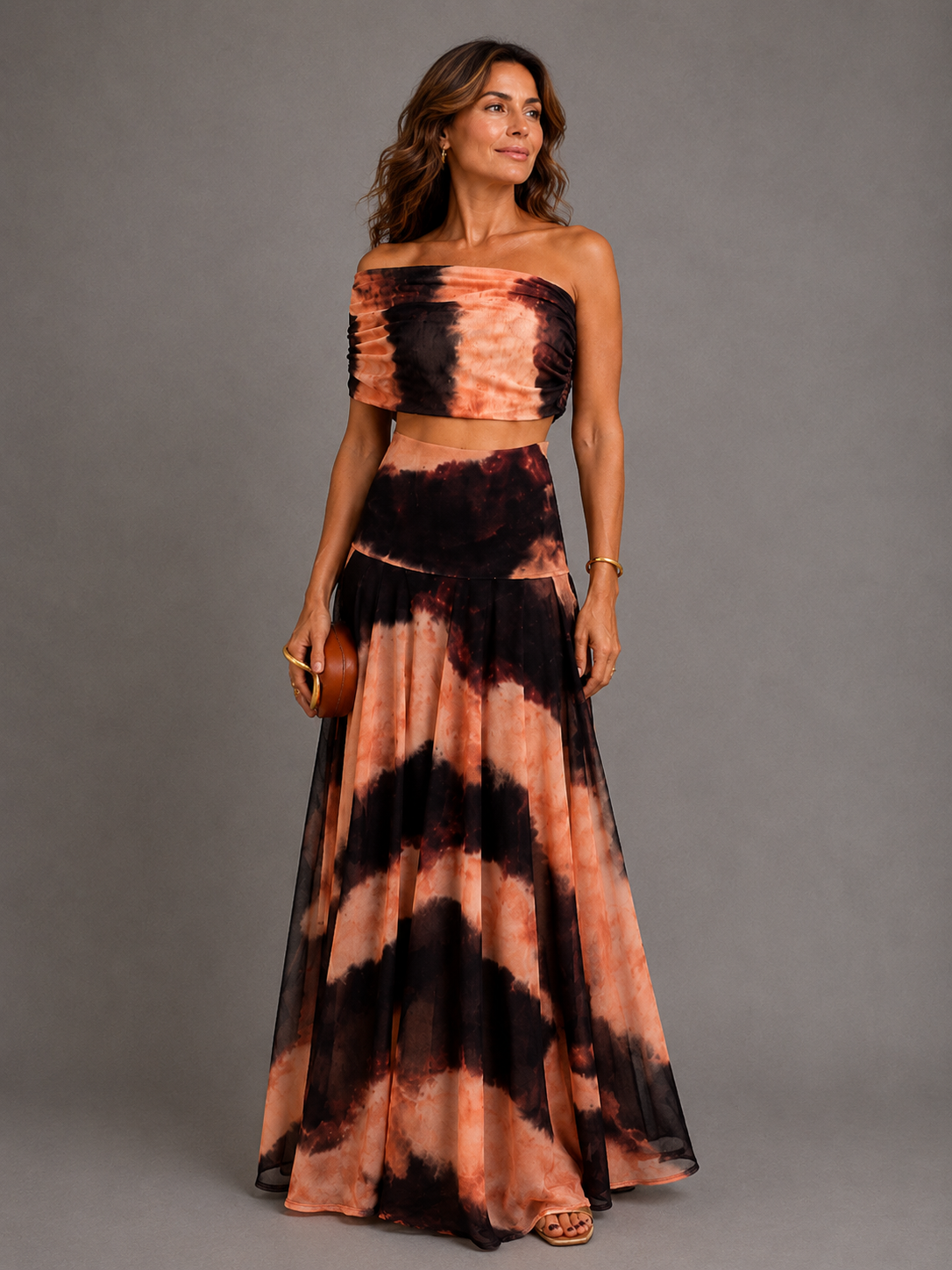 Vestido Celia Toledo Estampado Naranja y Marrón