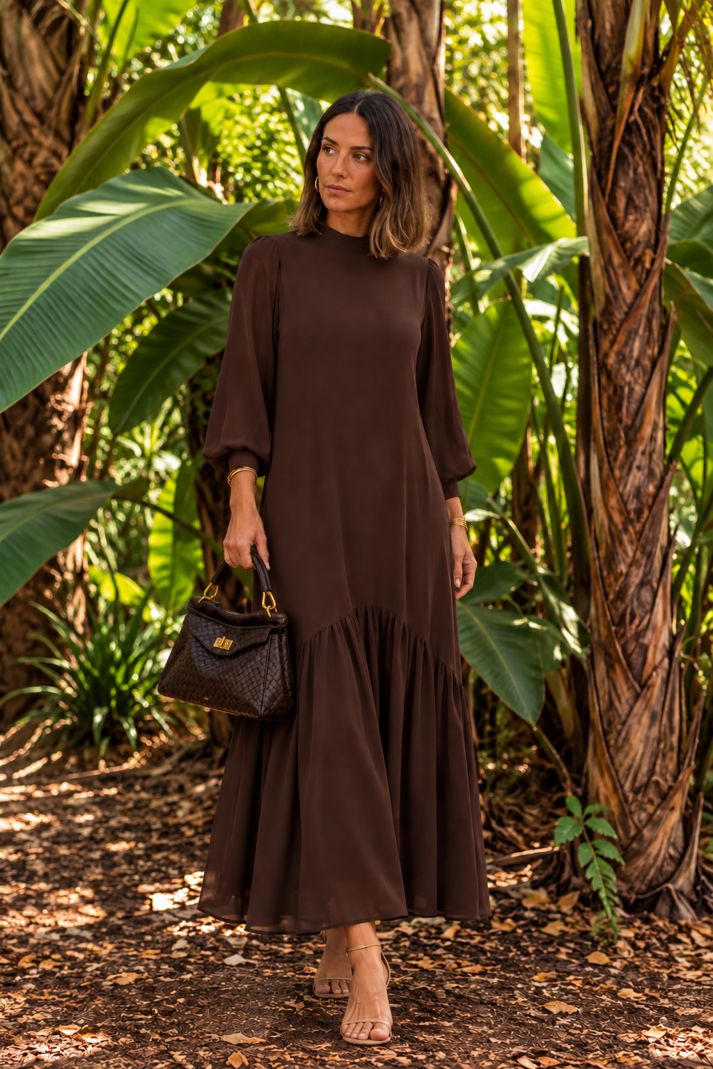 Vestido gasa liso marrón | Andrea