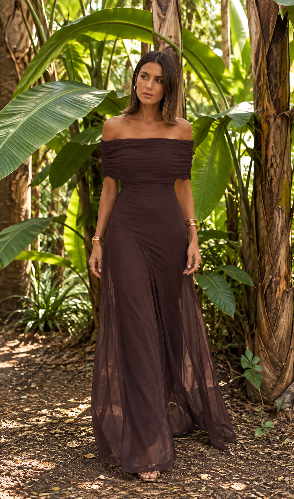 Vestido Largo Toledo de Gasa con Hombro Descubierto