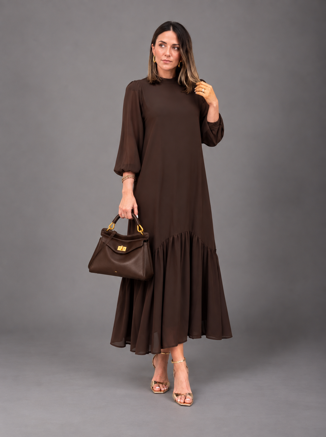 Vestido gasa liso marrón | Andrea