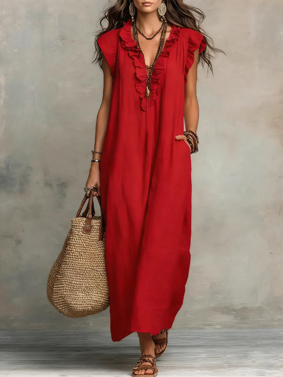 Noelia | Vestido casual de lino y algodón en color sólido con volantes para mujer